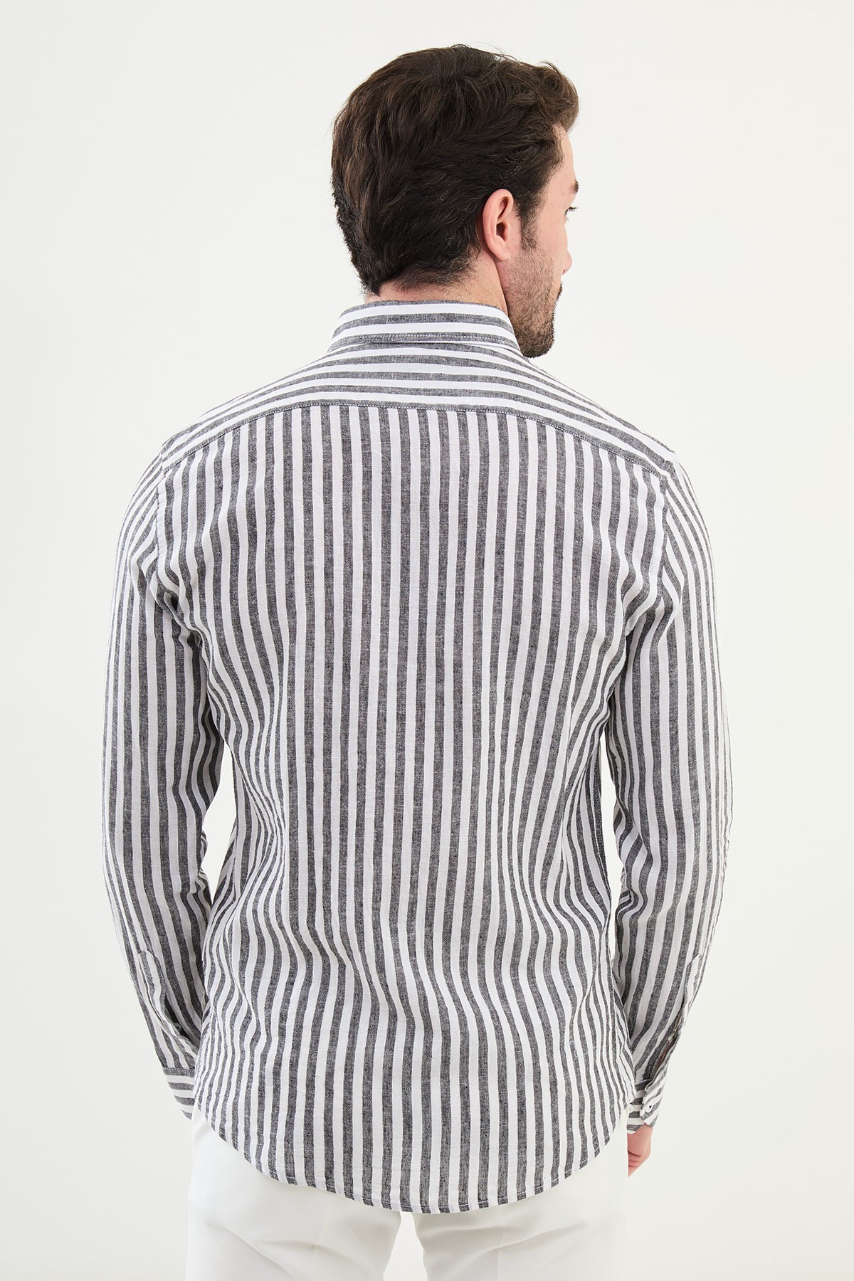 Çizgili Slim Fit Uzun Kollu Keten Erkek Gömlek