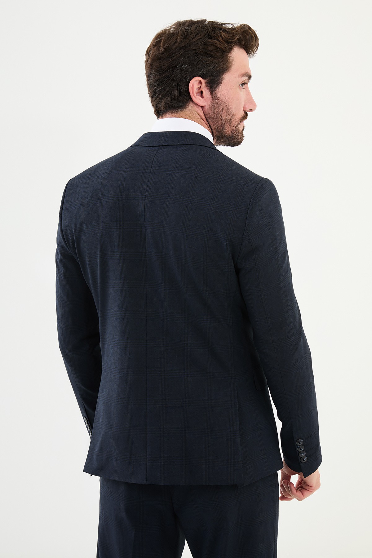 Ekoseli Slim Fit Mono Yaka Klasik Yün Erkek Takım Elbise