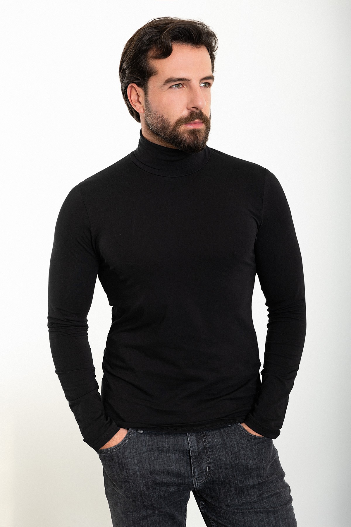 Düz Slim Fit Uzun Kollu Tam Balıkçı Yaka Erkek Penye