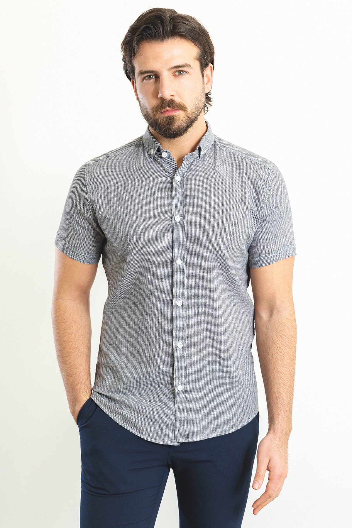 Kareli Slim Fit Kısa Kollu Keten Erkek Gömlek