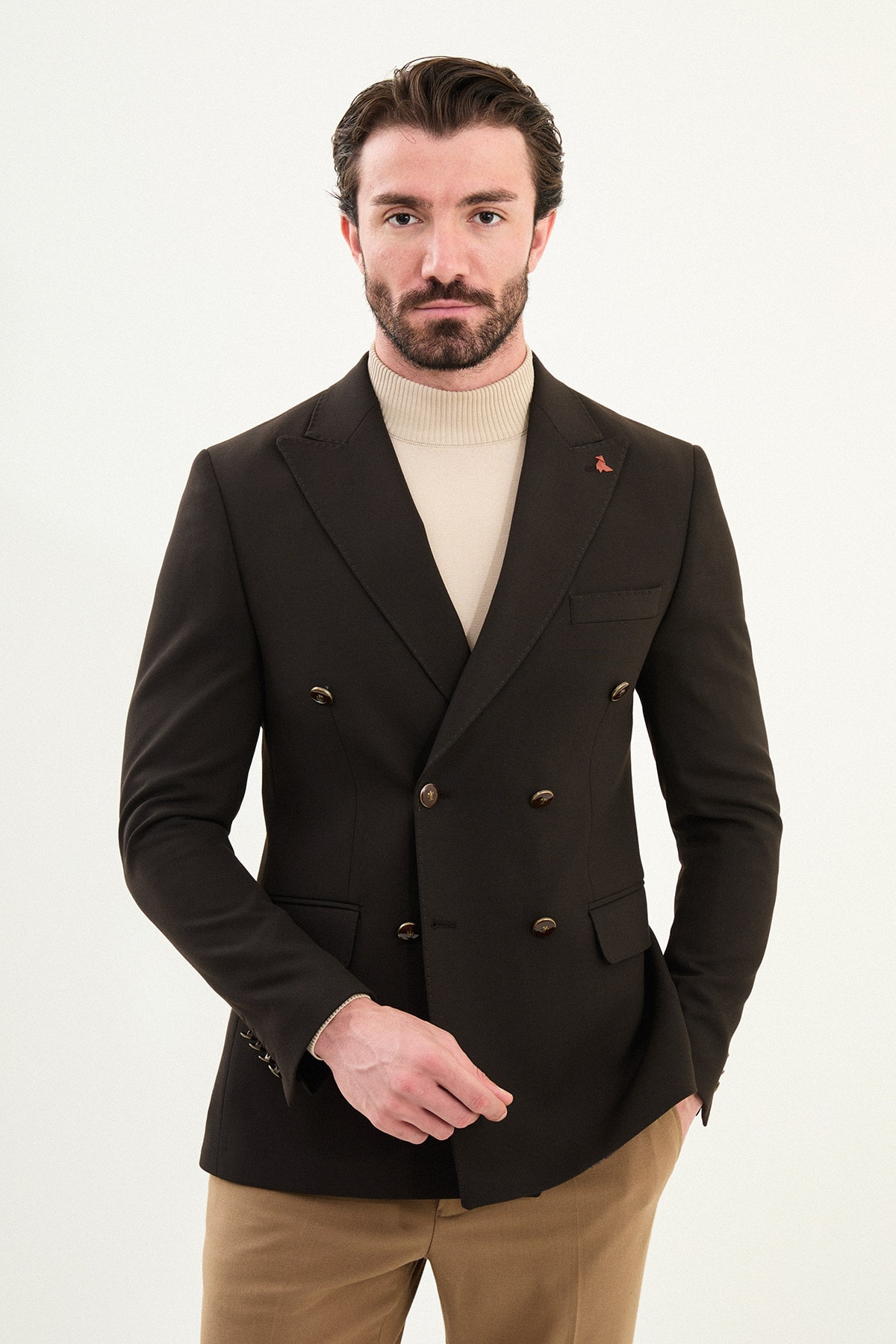 Düz Slim Fit Geniş Yaka Kruvaze Metal Düğmeli Erkek Ceket - Kahverengi