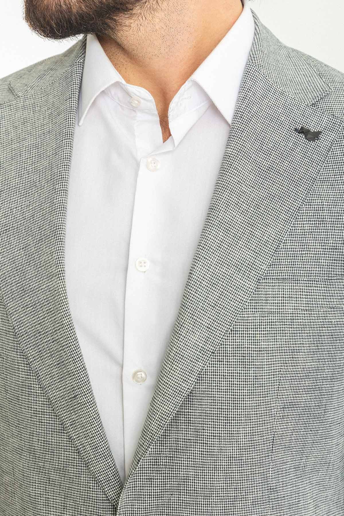Kareli Slim Fit Mono Yaka Keten Erkek Ceket