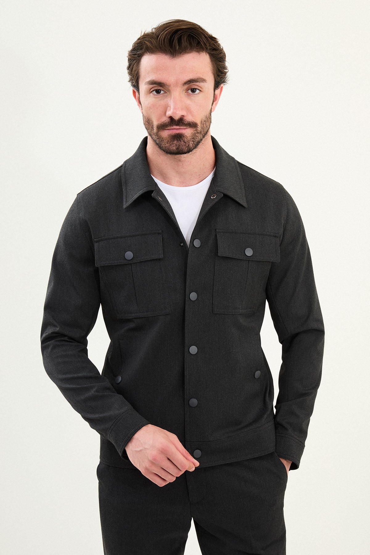 Düz Slim Fit Gömlek Yaka Erkek Mont - Antrasit