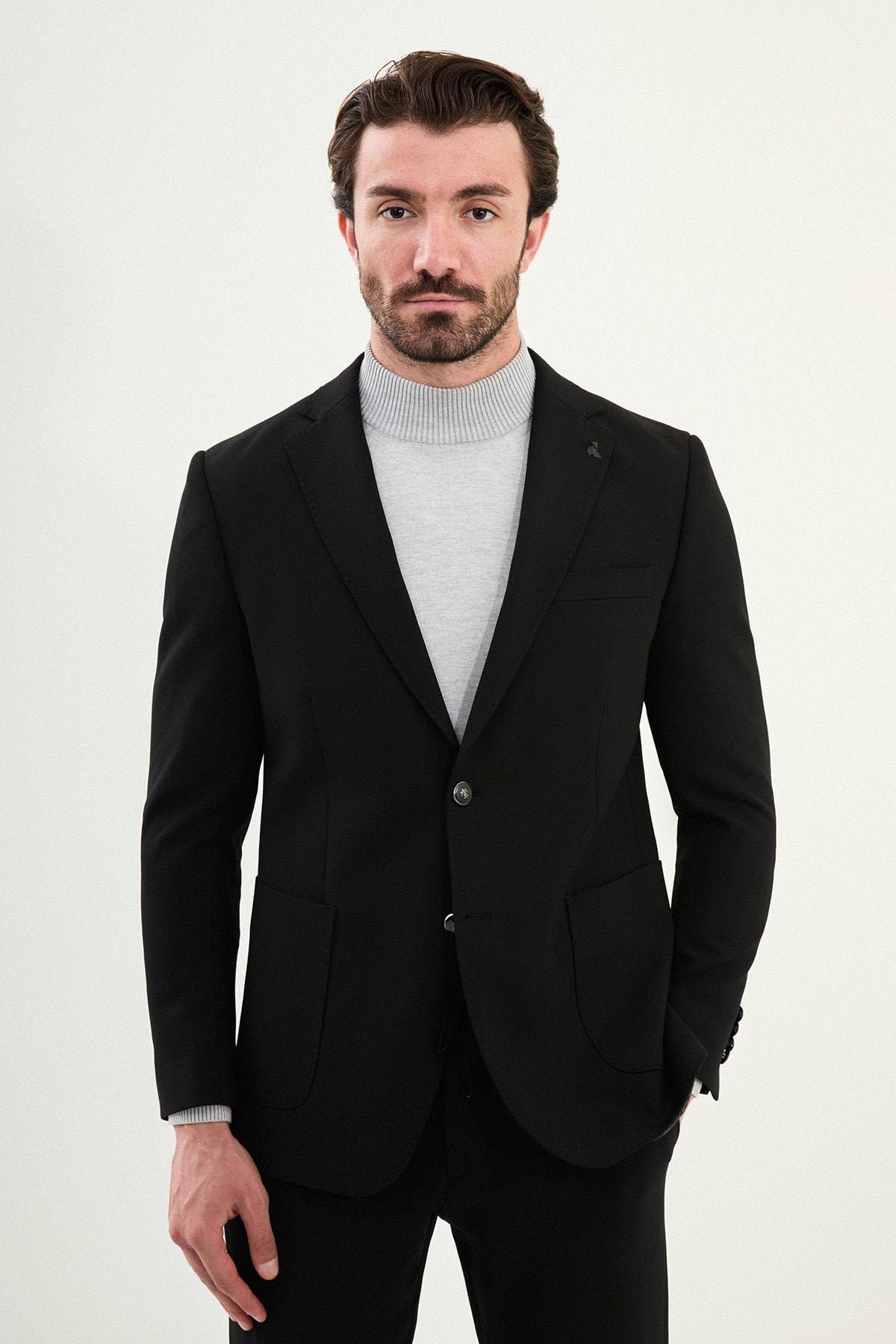 Düz Slim Fit Mono Yaka Torba Cepli Metal Düğmeli Erkek Ceket