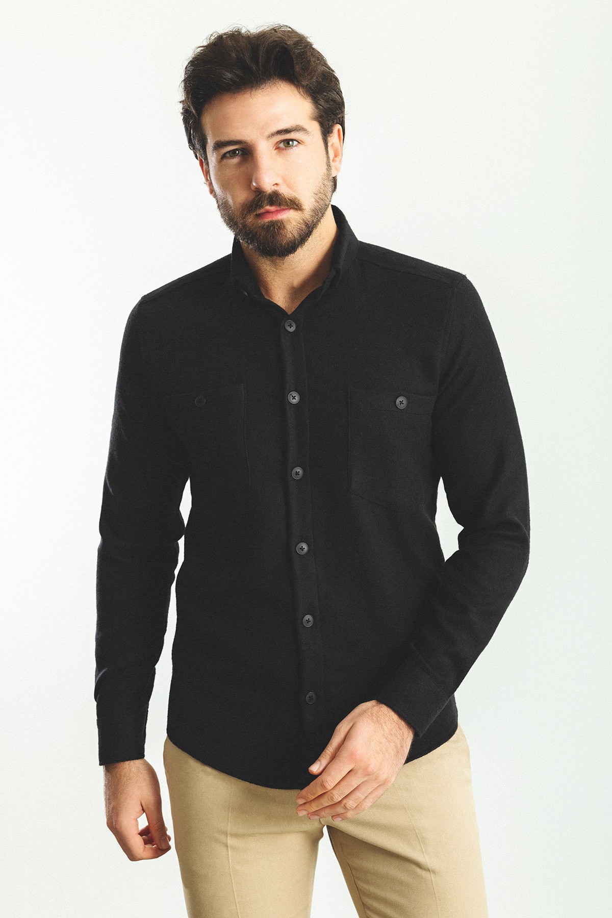 Düz Slim Fit Yün Oduncu Erkek Gömlek