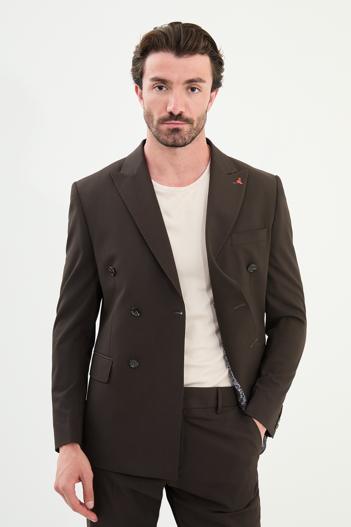 Düz Slim Fit Geniş Yaka Kruvaze Erkek Takım Elbise