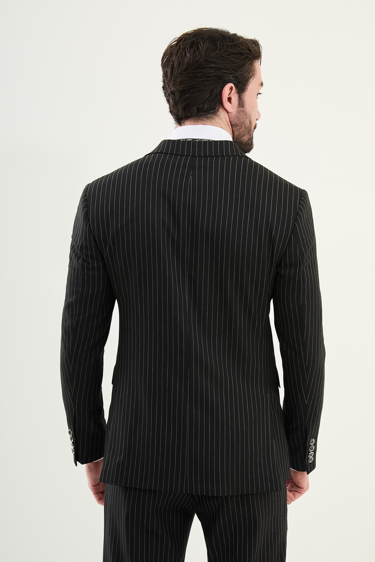 Çizgili Slim Fit Geniş Yaka Kruvaze Erkek Takım Elbise