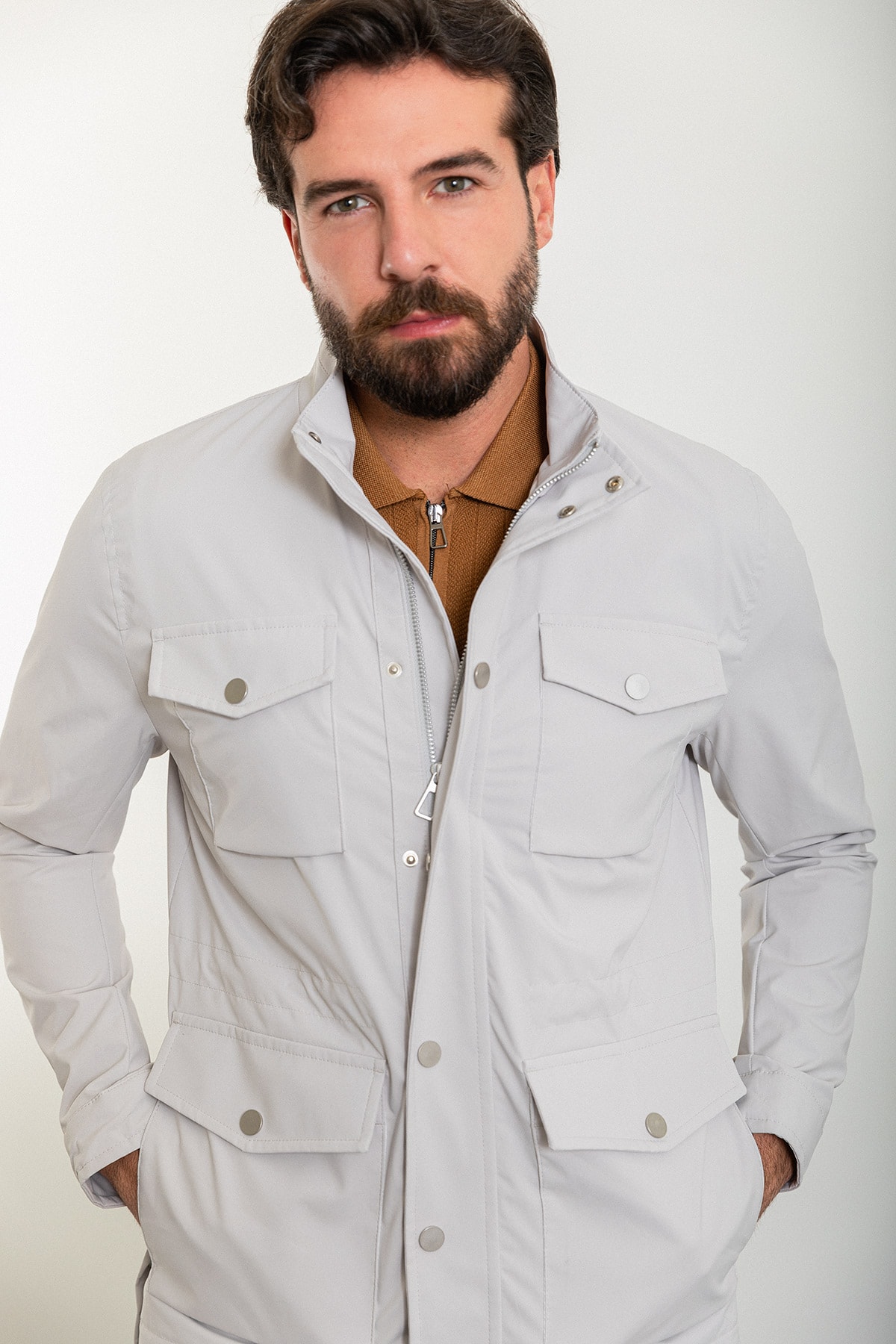 Düz Slim Fit Torba Cep Hakim Yaka Erkek Trenchcoat