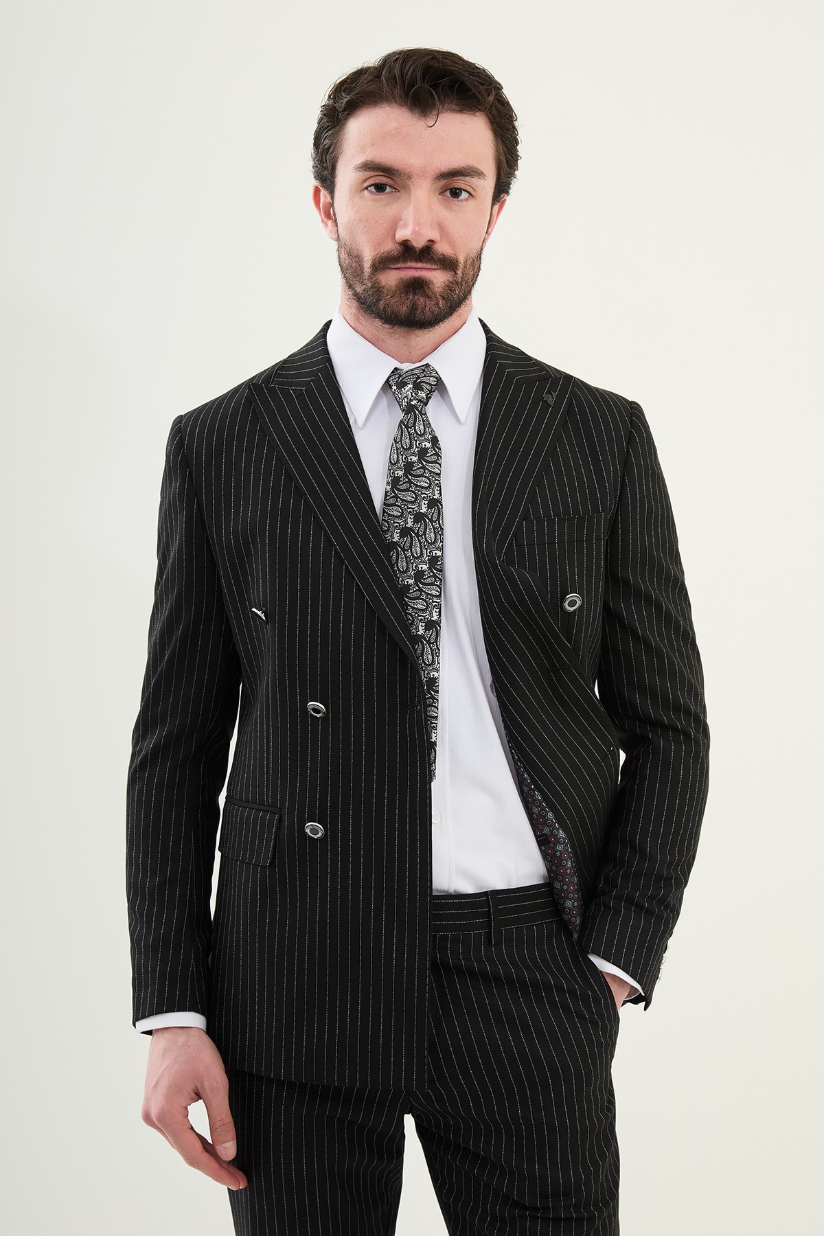 Çizgili Slim Fit Geniş Yaka Kruvaze Erkek Takım Elbise