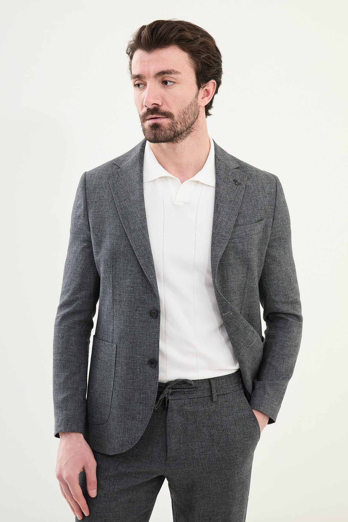 Desenli Slim Fit Torba Cep İpli Keten Erkek Takım Elbise