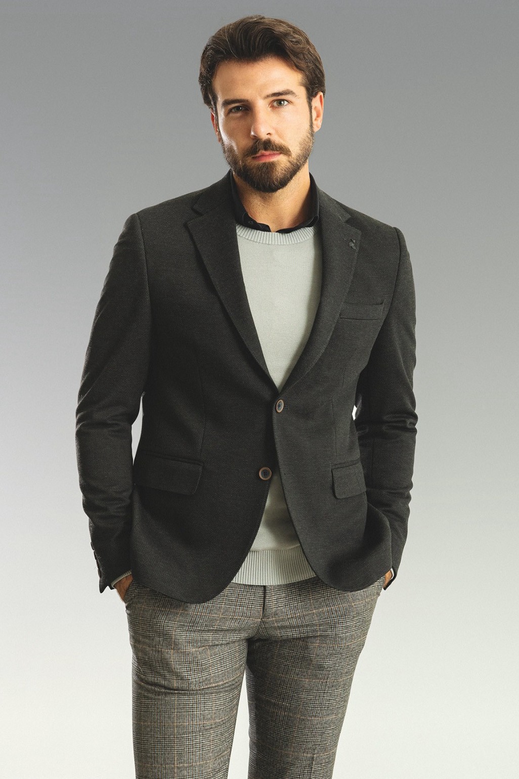 Dokulu Slim Fit Mono Yaka Yün Erkek Ceket