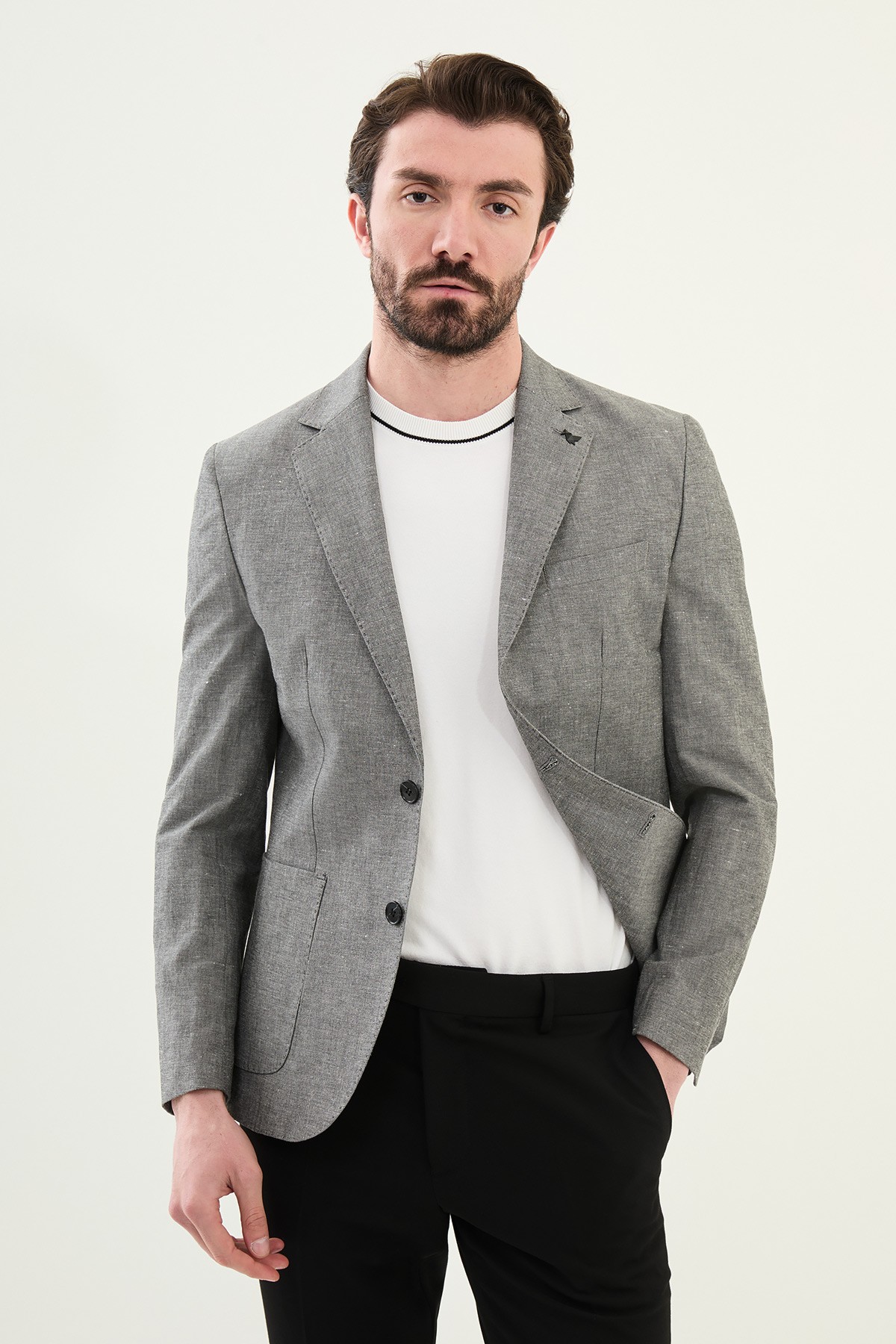 Kırçıllı Slim Fit Torba Cep Mono Yaka Keten Erkek Ceket - Siyah