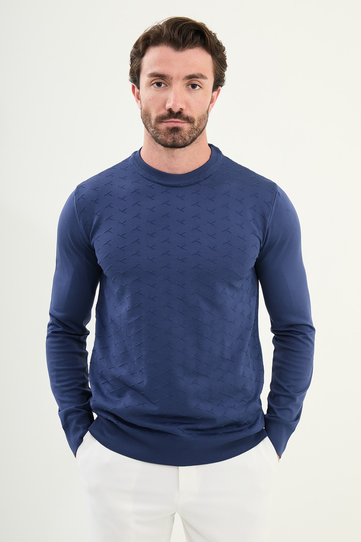 Desenli Slim Fit Bisiklet Yaka Erkek Triko Kazak - İndigo