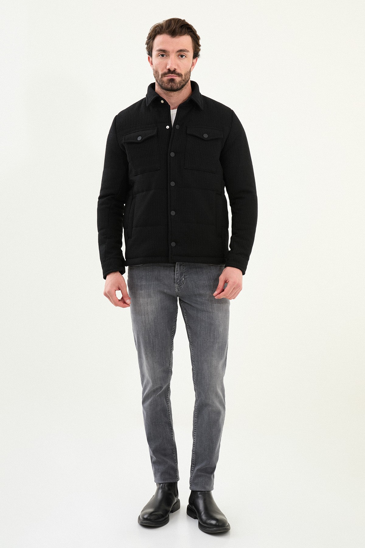 Çizgili Slim Fit Gömlek Yaka Çıtçıtlı Erkek Mont