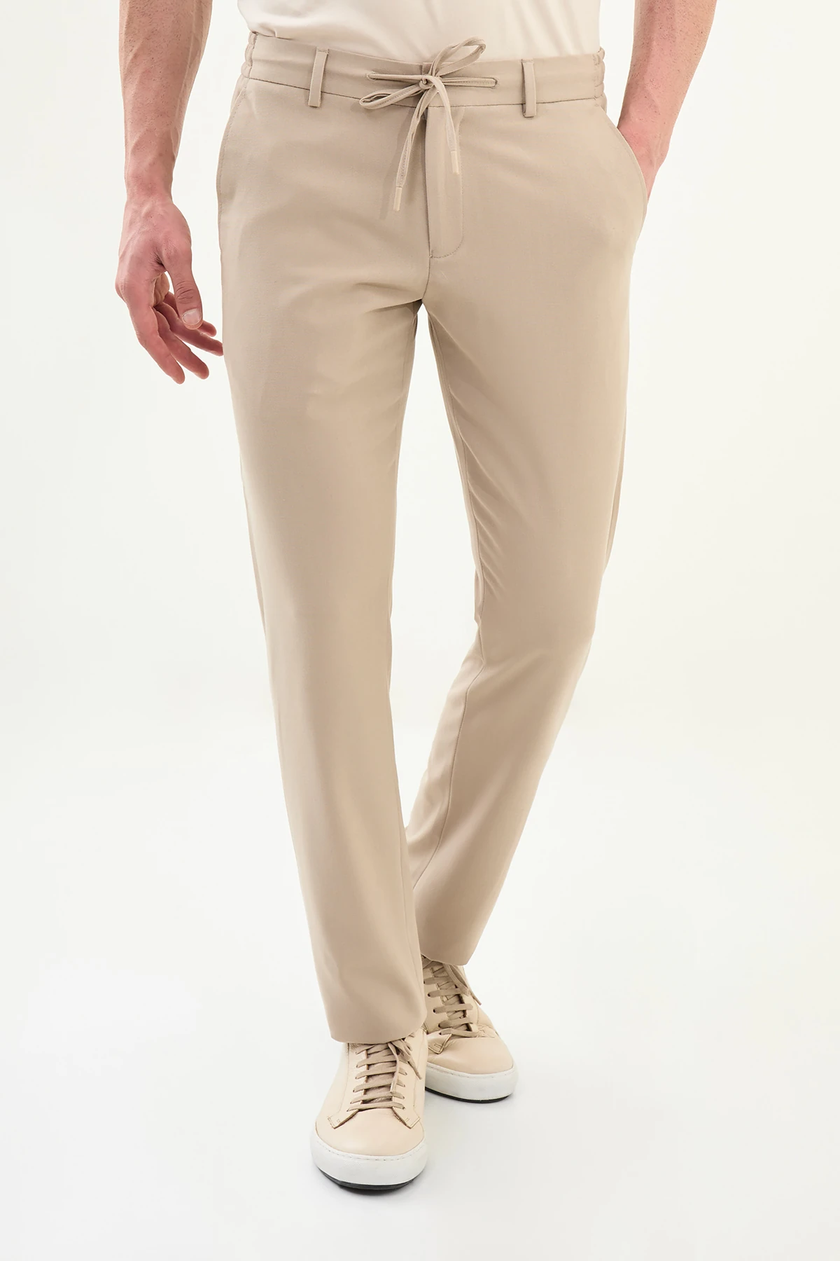 Düz Slim Fit İpli Beli Lastikli Erkek Pantolon - Bej
