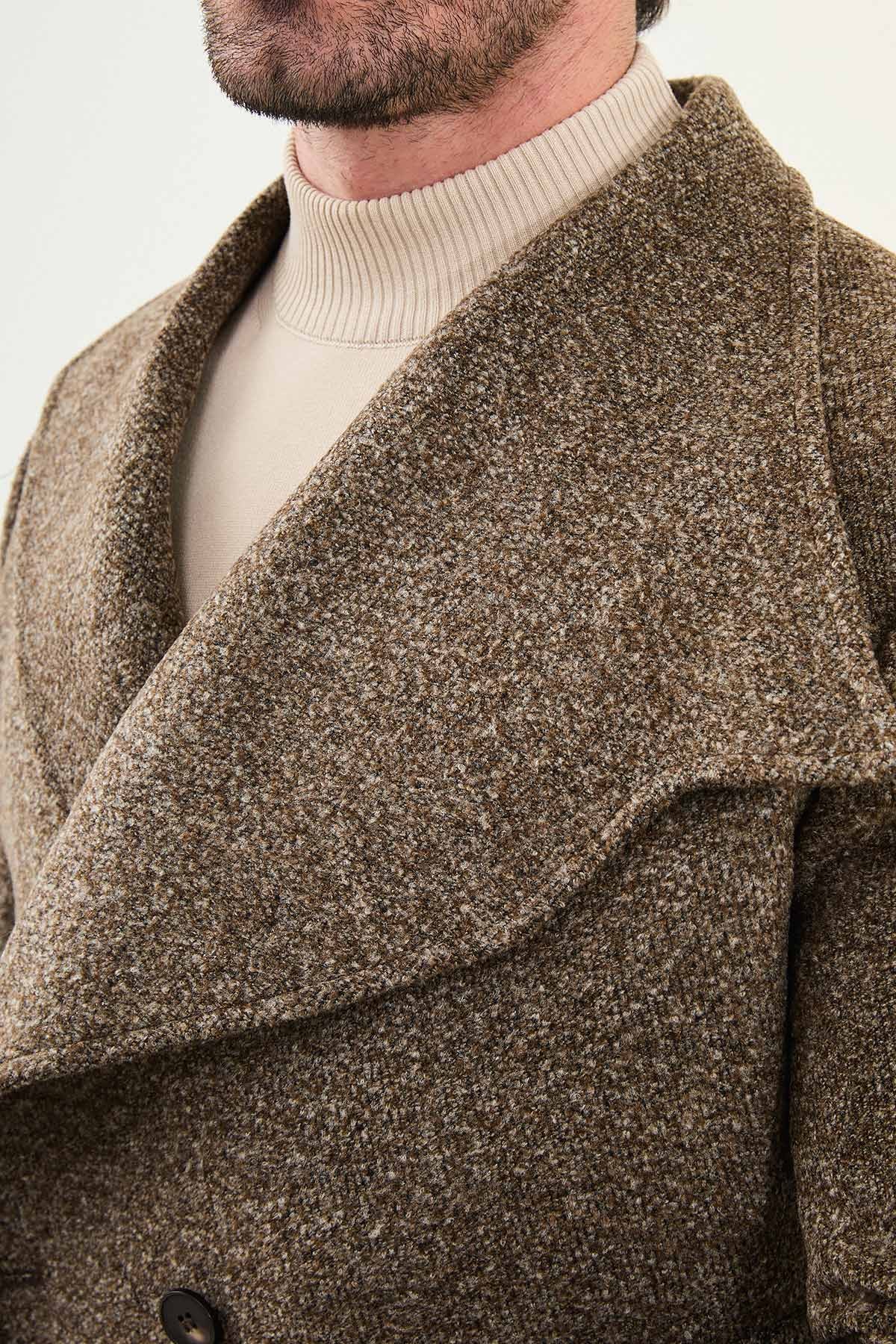 Kırçıllı Slim Fit Geniş Şal Yaka Çapraz Düğmeli Yün Erkek Kaban