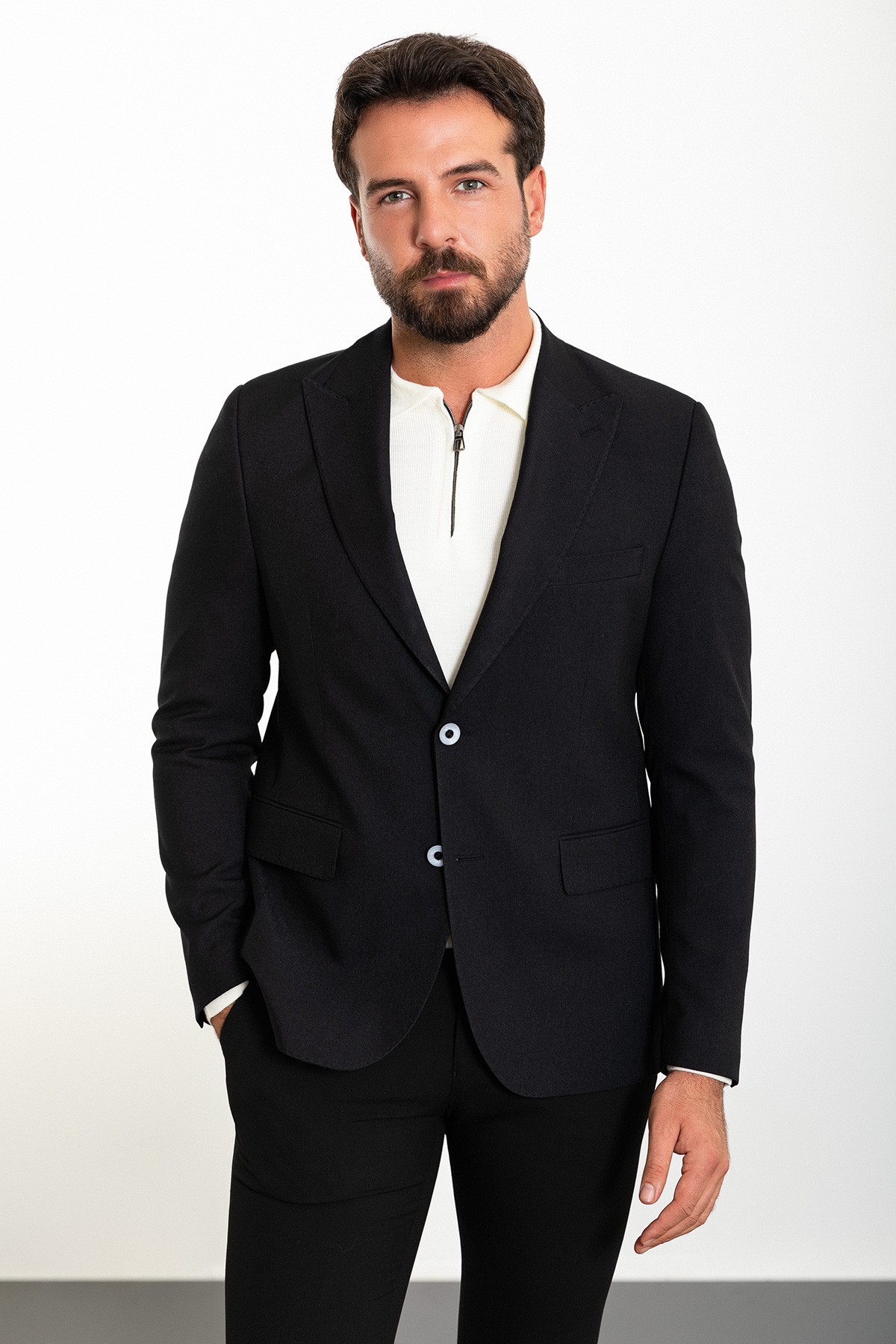 Düz Slim Fit Geniş Yaka Yün Erkek Ceket