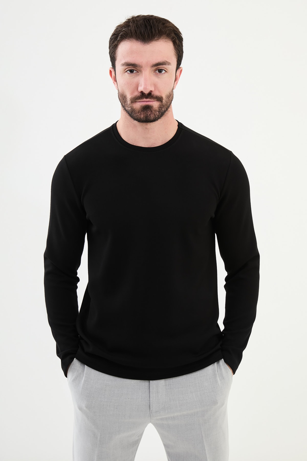 Desenli Slim Fit Bisiklet Yaka Uzun Kollu Erkek T-Shirt - Siyah