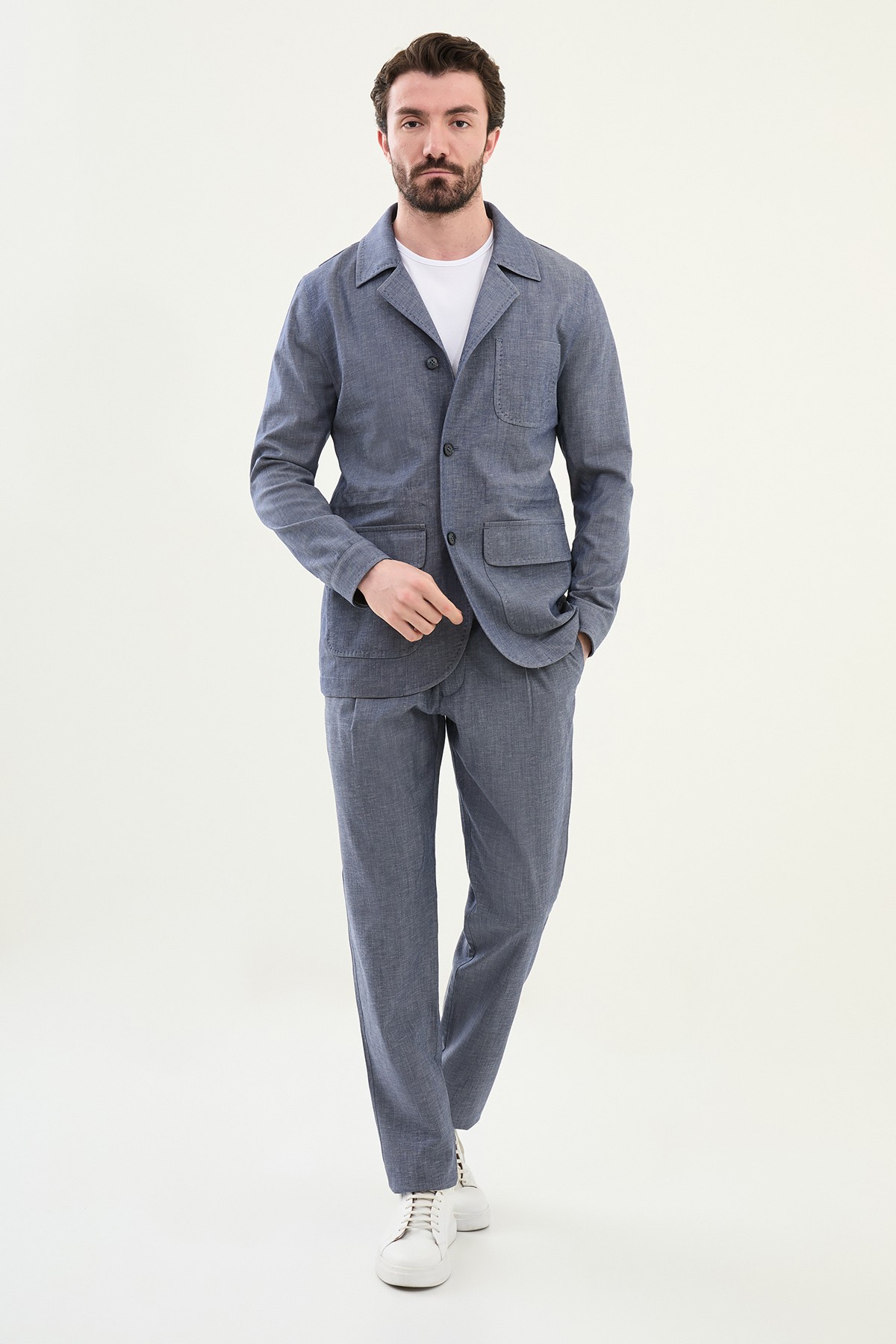 Düz Slim Fit Torba Cep Apaç Yaka Keten Erkek Trenchcoat