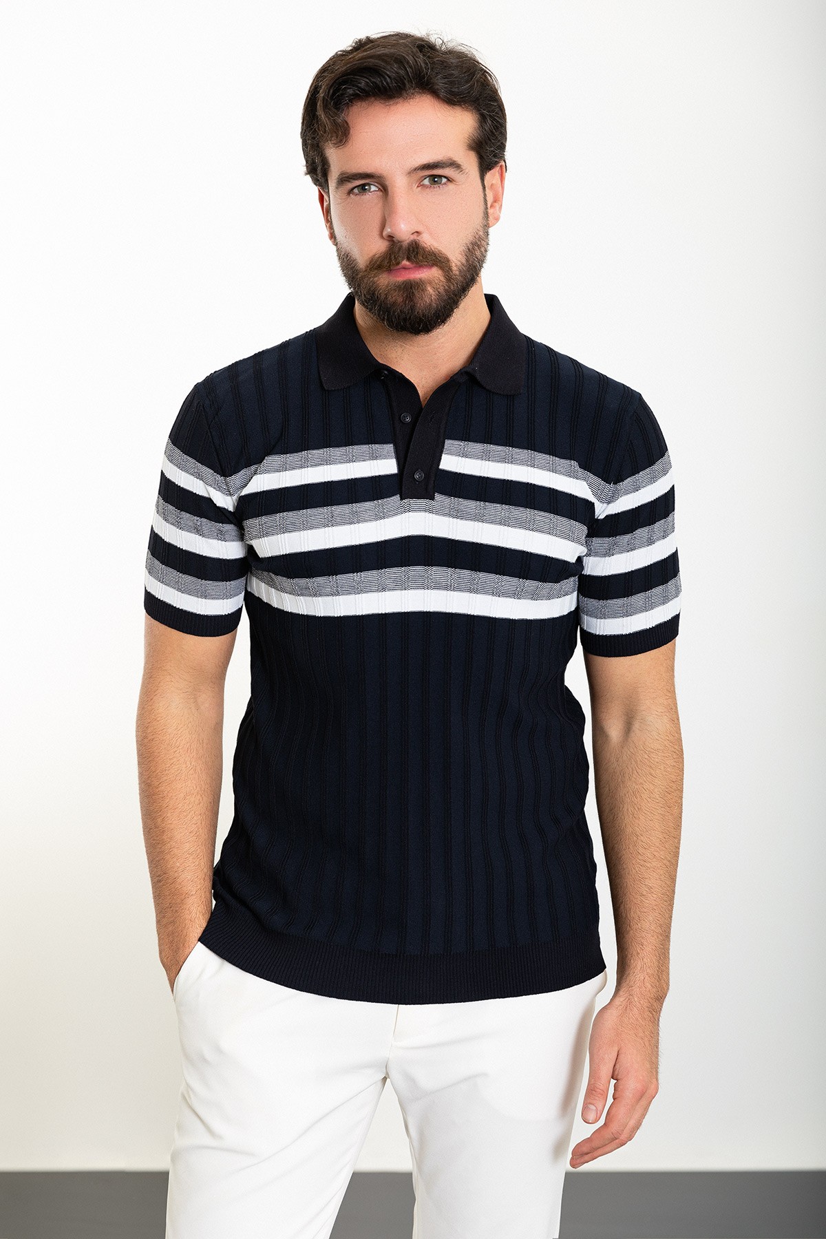 Çizgili Slim Fit Polo Yaka Erkek Triko T-Shirt