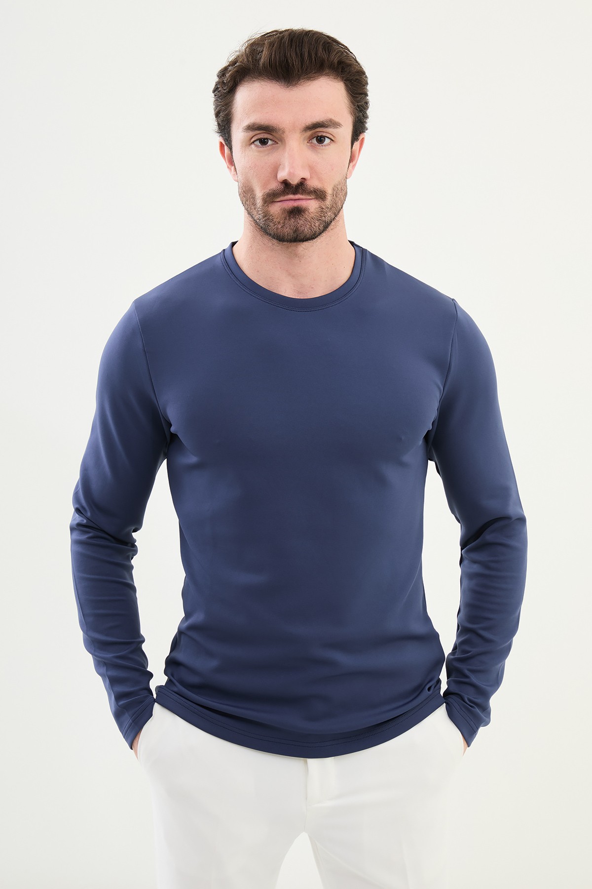 Düz Slim Fit Bisiklet Yaka Uzun Kollu Erkek T-Shirt - İndigo
