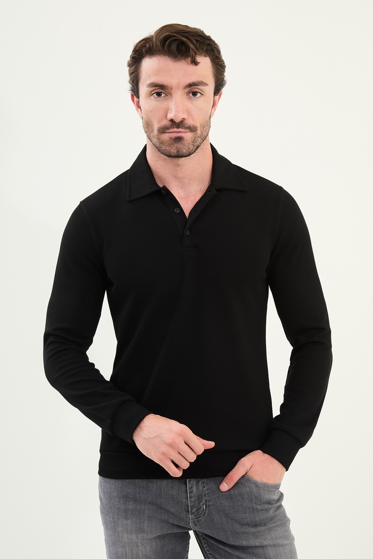 Çizgili Slim Fit Polo Yaka Uzun Kollu Pamuk Erkek T-Shirt - Siyah