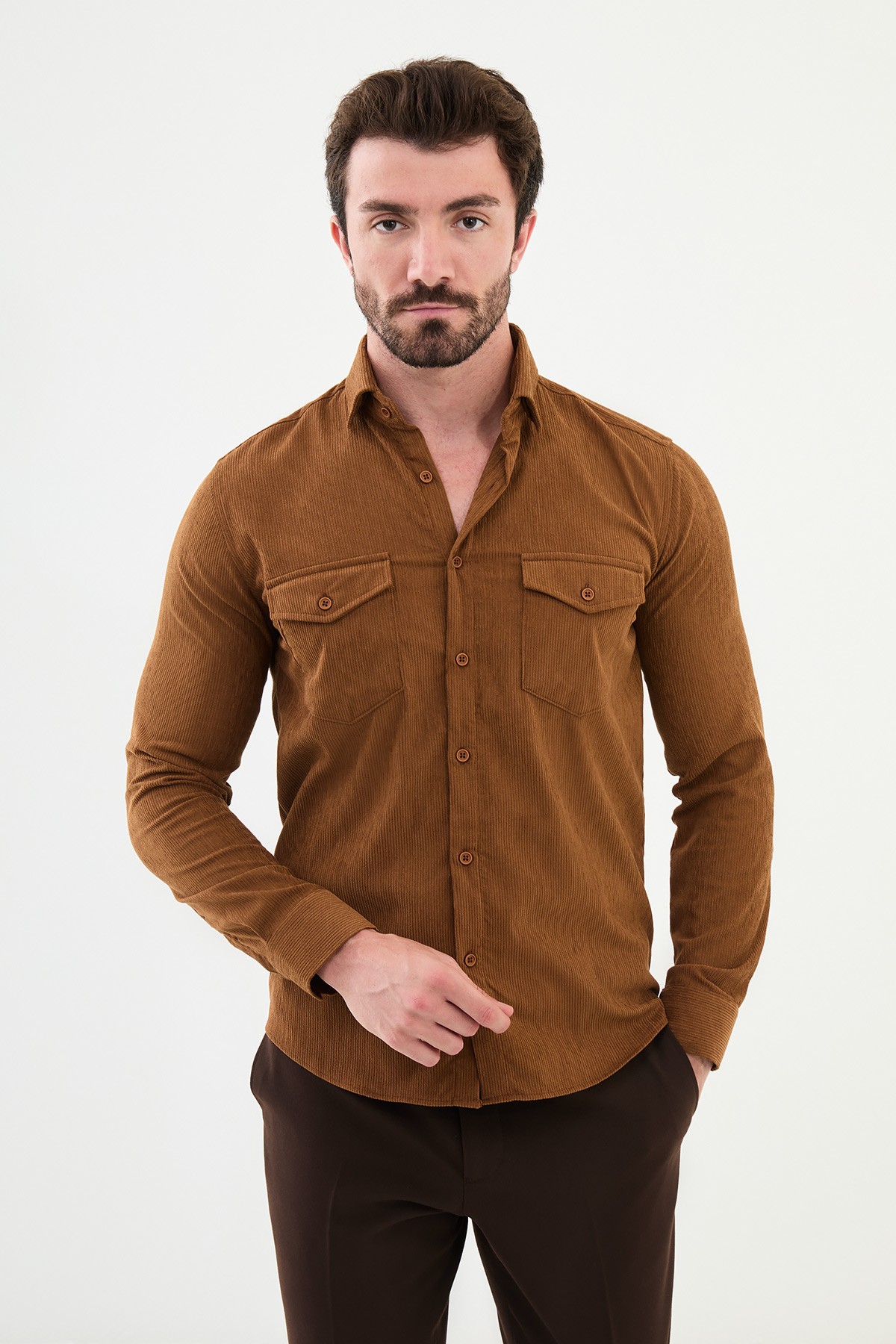 Çizgili Slim Fit Kadife Erkek Gömlek - Kamel