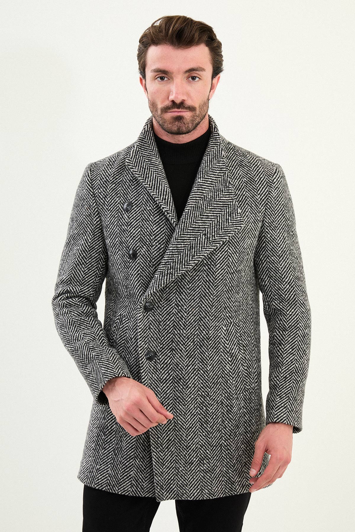 Balıksırtı Slim Fit Şal Yaka Kaşe Erkek Kaban - Siyah-Beyaz