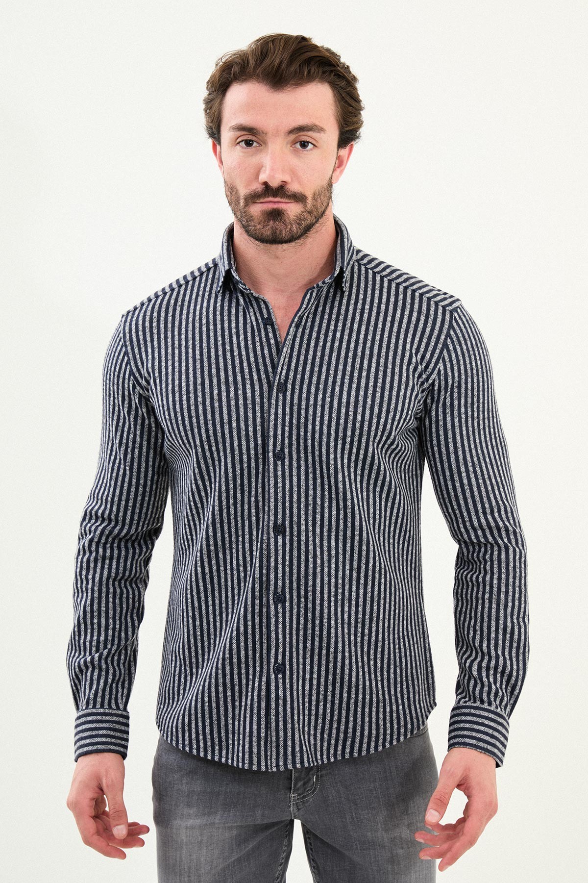 Çizgili Slim Fit Yün Erkek Gömlek - Lacivert-Gri