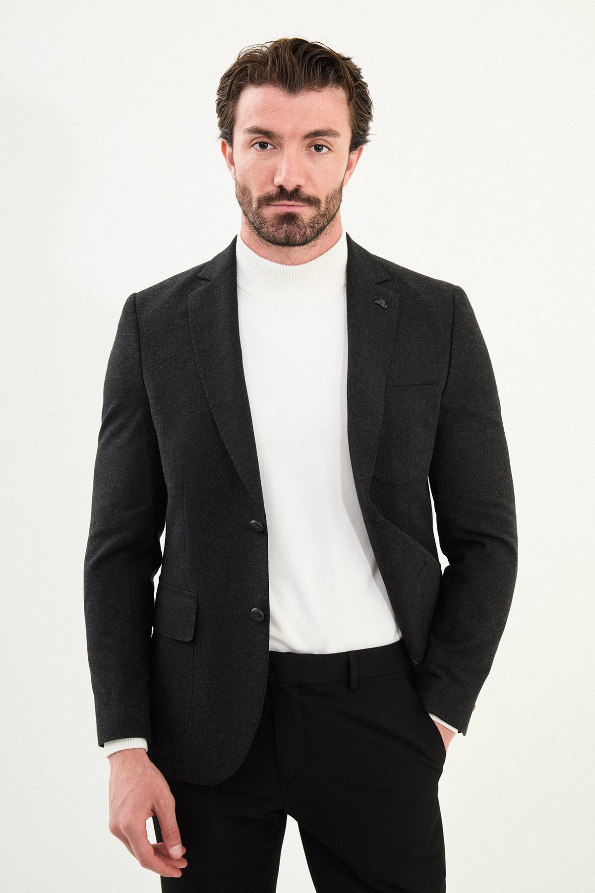 Düz Slim Fit Torba Cep Mono Yaka Yün Erkek Ceket - Siyah