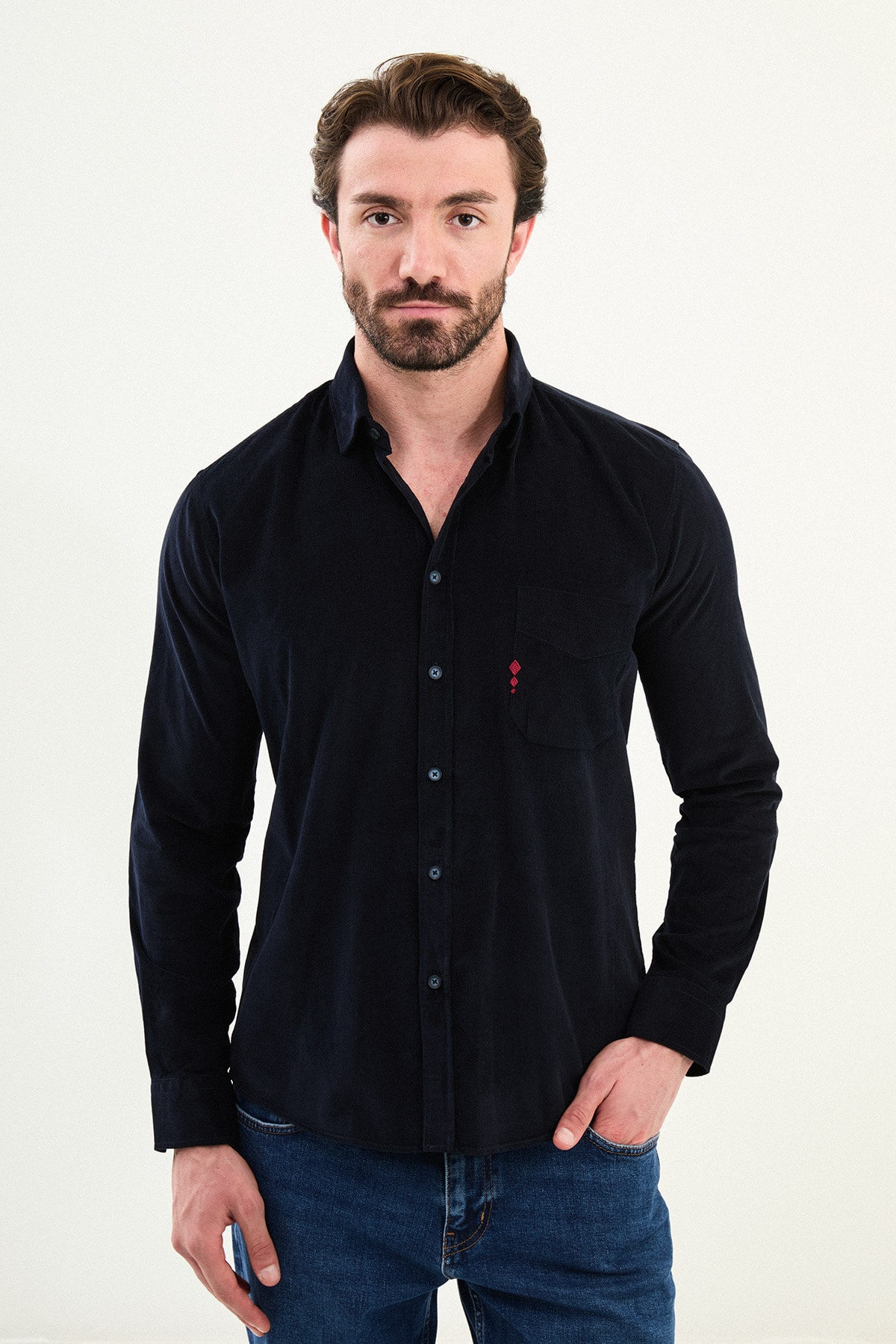 Düz Slim Fit Nakış Detaylı Kadife Erkek Gömlek - Lacivert