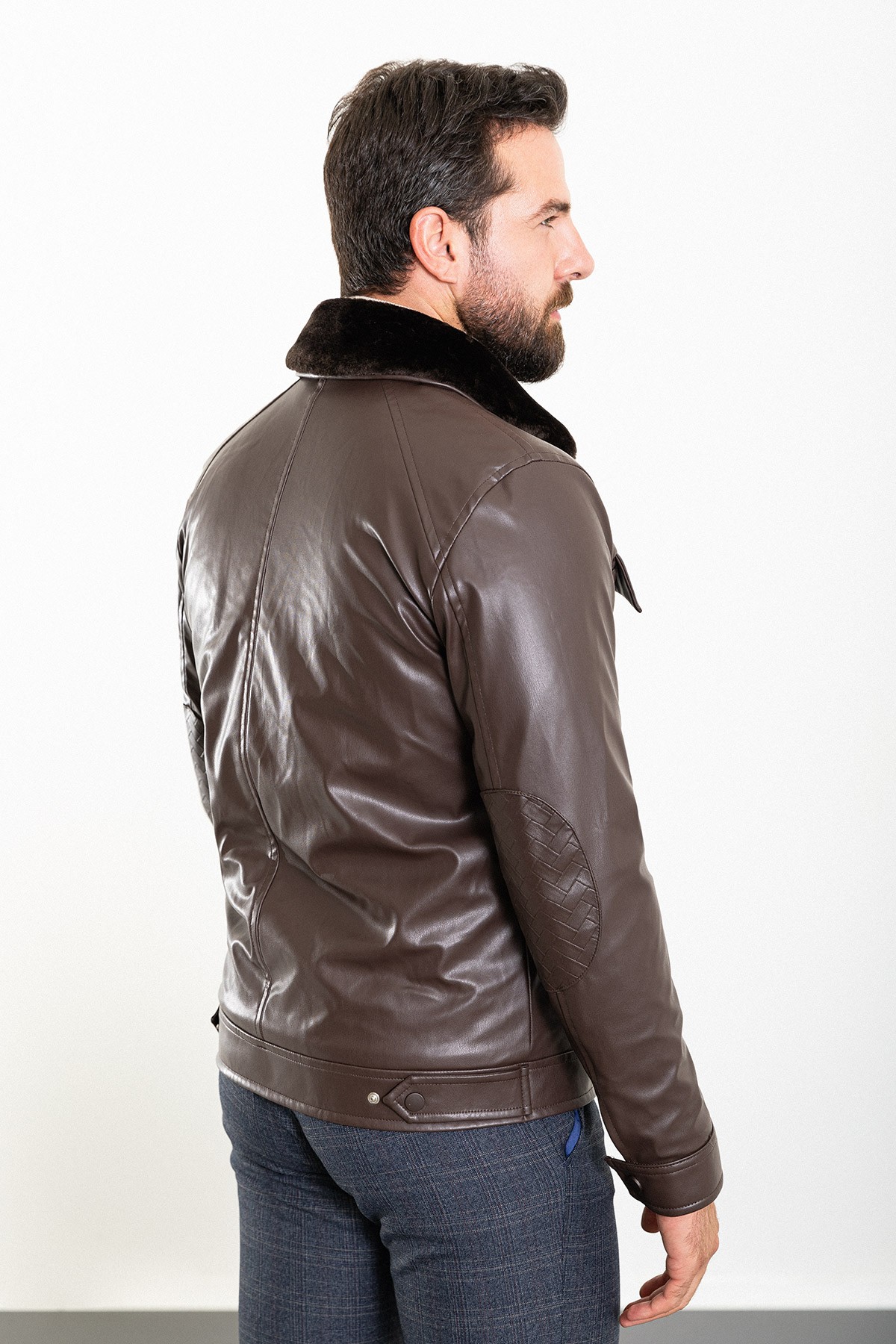 Desenli Slim Fit Kürklü Yaka Suni Deri Erkek Mont