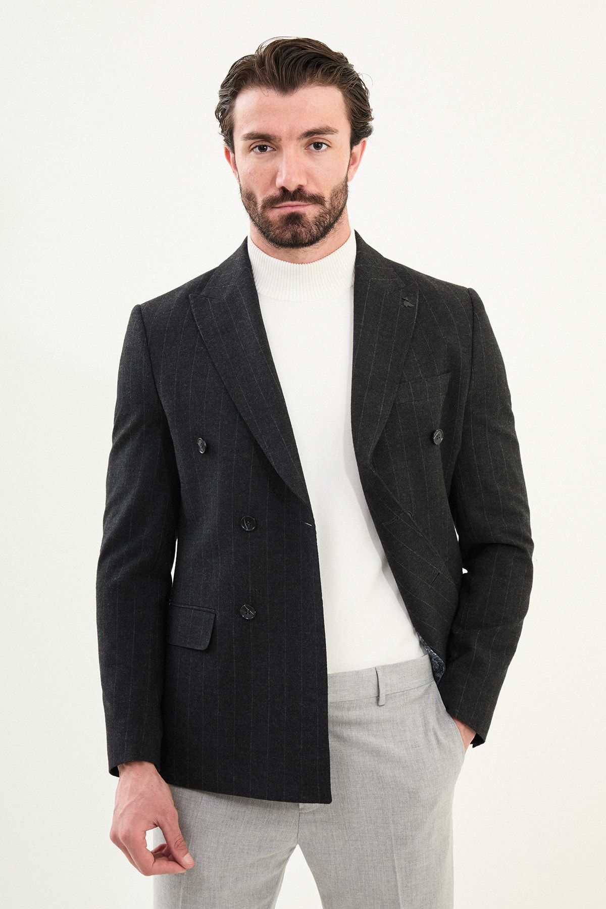 Çizgili Slim Fit Geniş Yaka Kruvaze Yün Erkek Ceket