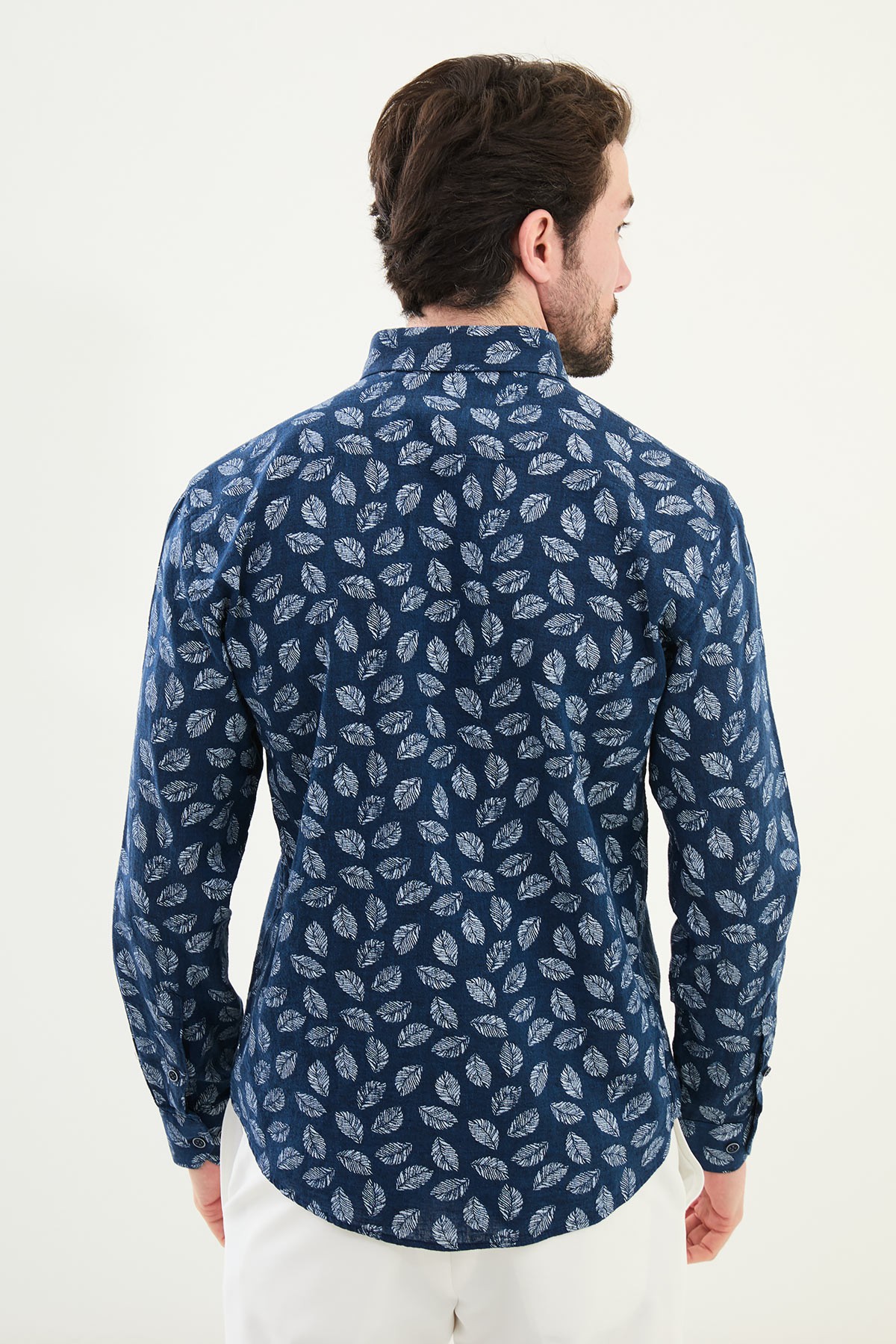 Çiçek Desenli Slim Fit Uzun Kollu Keten Erkek Gömlek