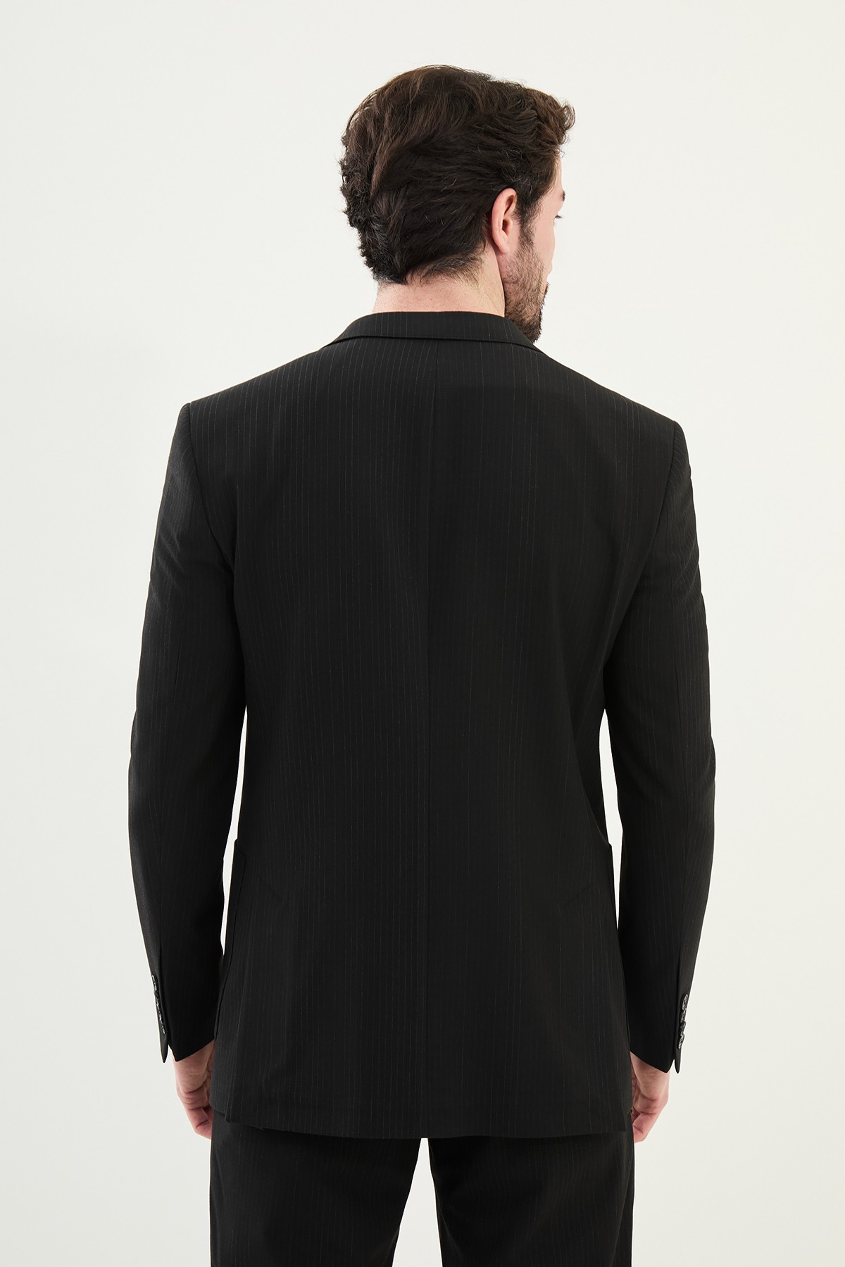 Çizgili Slim Fit Torba Cep İpli Gofreli Erkek Takım Elbise