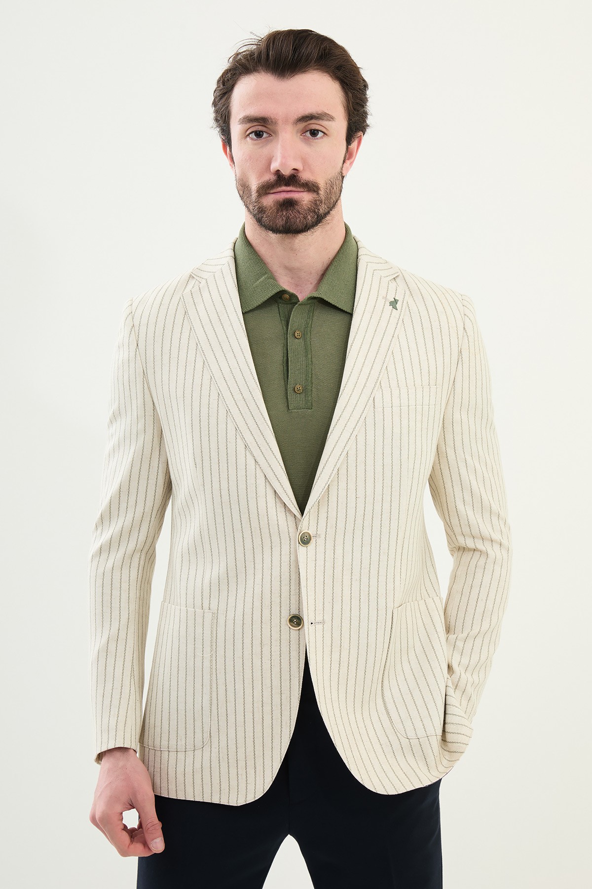 Çizgili Slim Fit Torba Cep %100 Keten Erkek Ceket