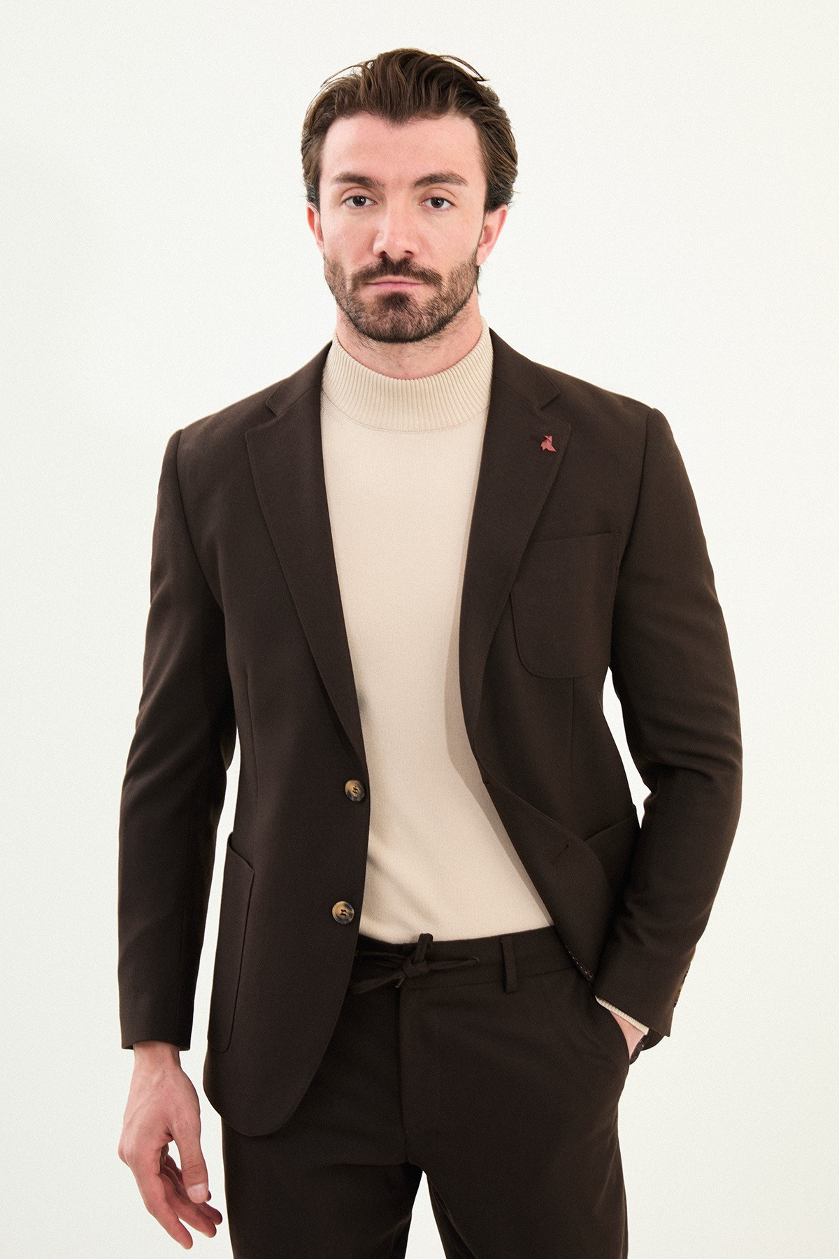 Düz Slim Fit Torba Cep Beli Lastikli İpli Yün Erkek Takım Elbise - Kahverengi