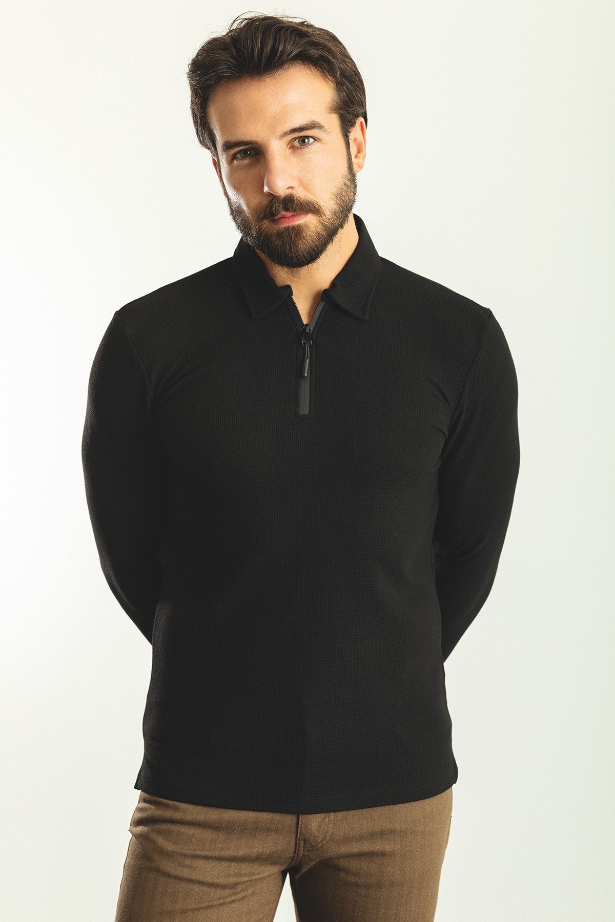 Slim Fit Fermuarlı Polo Yaka Uzun Kollu Erkek T-Shirt