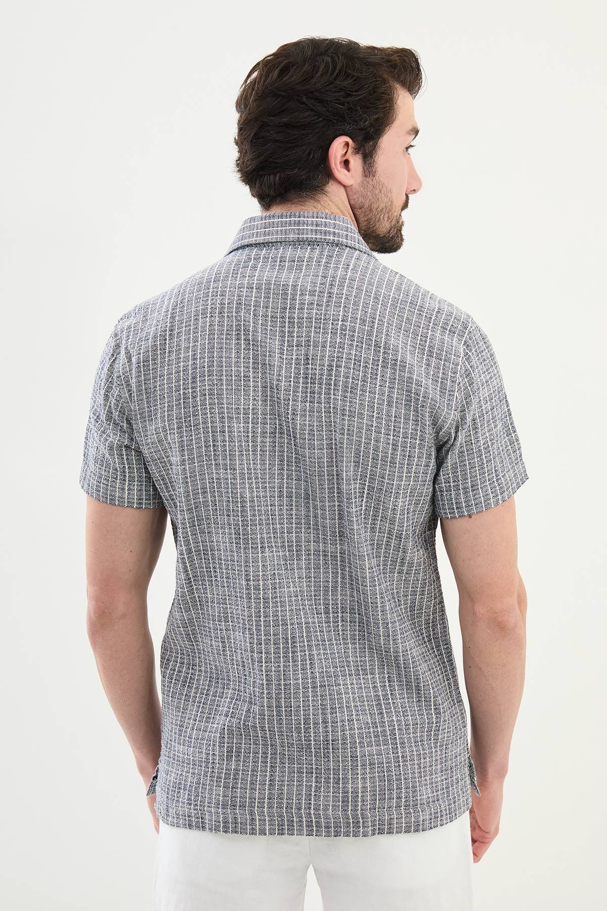 Çizgili Slim Fit Kısa Kollu Keten Erkek Gömlek