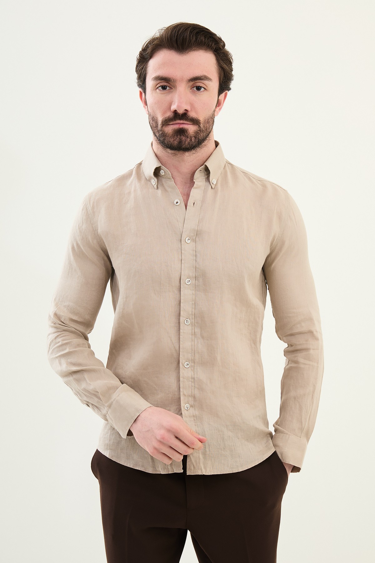 Düz Slim Fit %100 Keten Erkek Gömlek - Bej