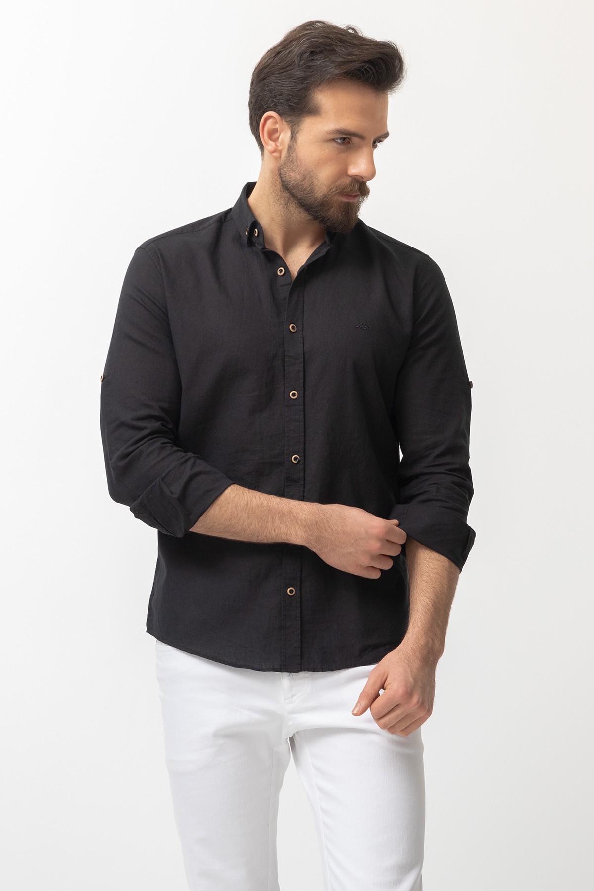 Düz Slim Fit Basic Keten Erkek Gömlek