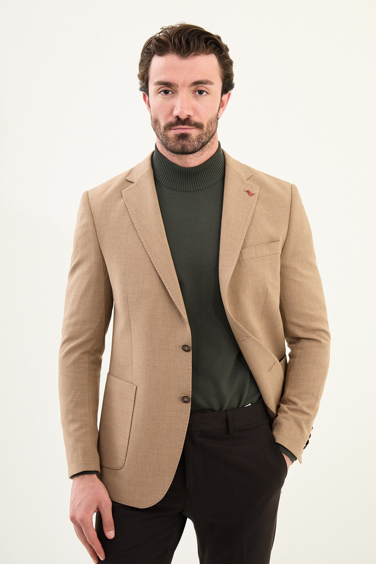 Düz Slim Fit Mono Yaka Torba Cepli Metal Düğmeli Erkek Ceket - Bej