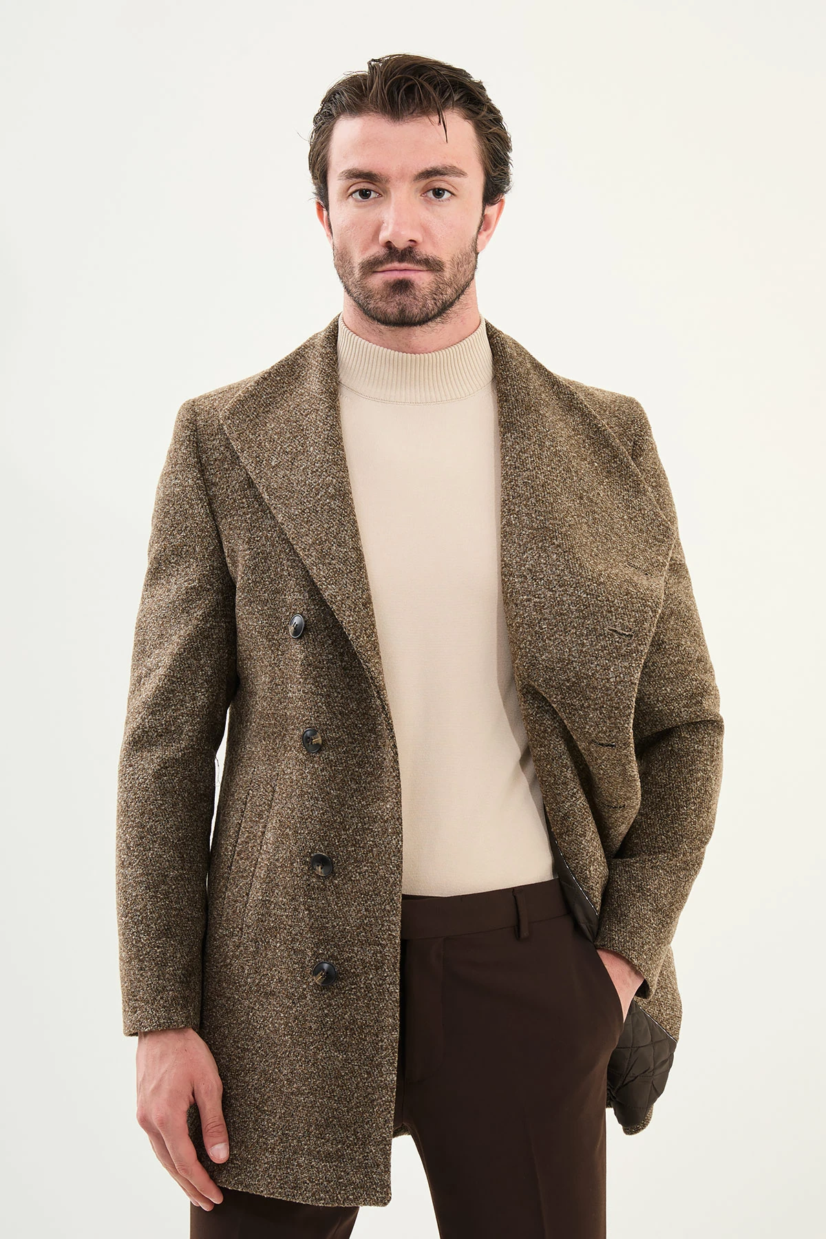 Kırçıllı Slim Fit Şal Yaka Çapraz Düğmeli Yün Erkek Kaban