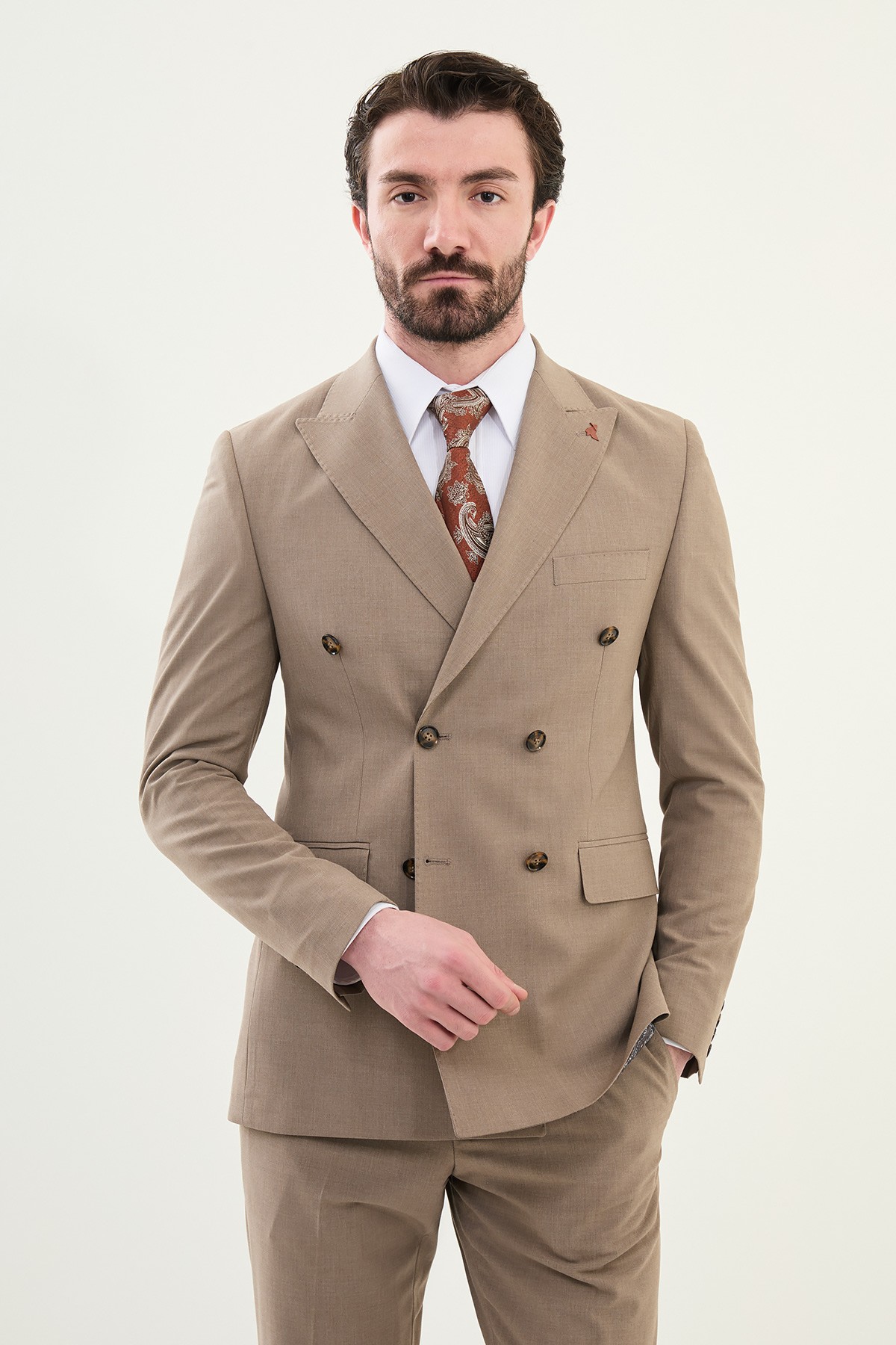 Düz Slim Fit Geniş Yaka Kruvaze Erkek Takım Elbise