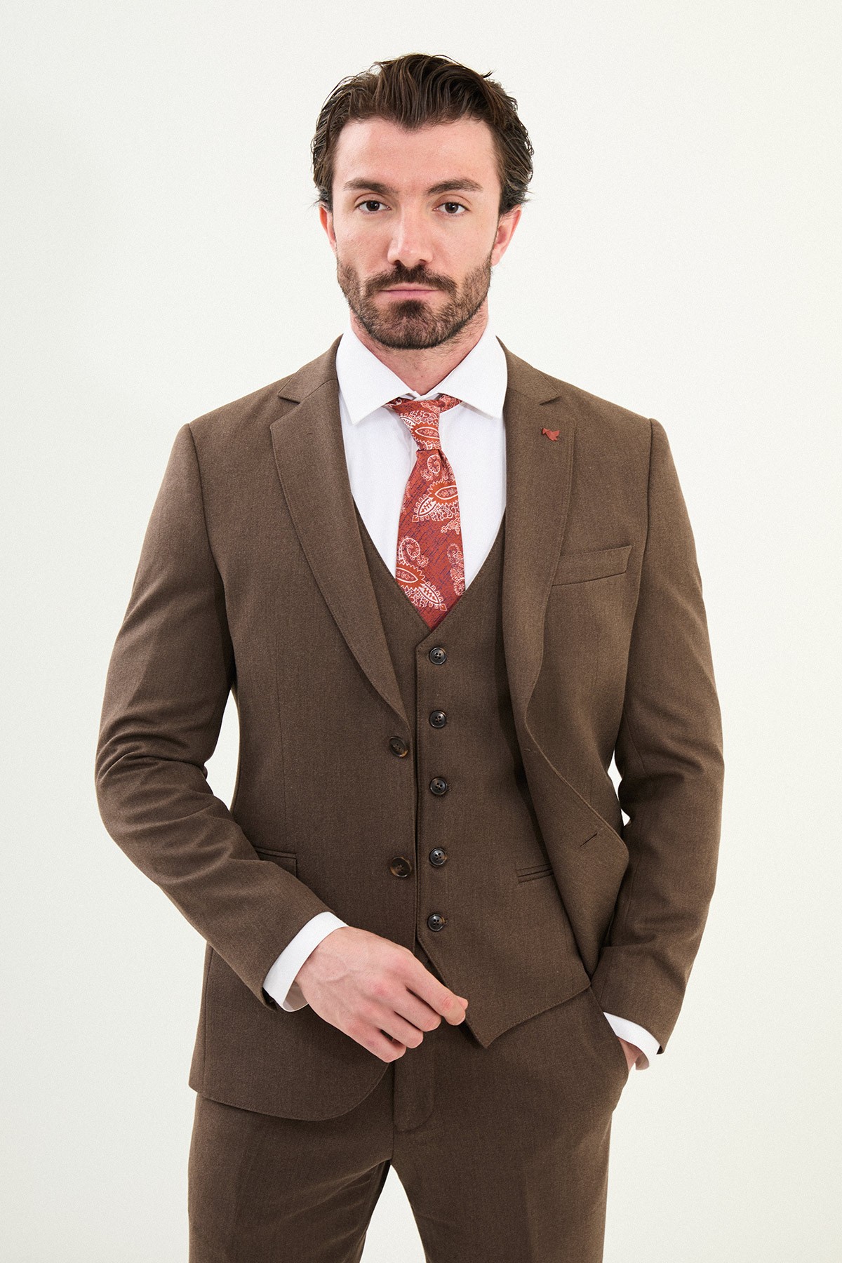 Düz Slim Fit Mono Yaka Klasik Yün Erkek Takım Elbise - Kahverengi