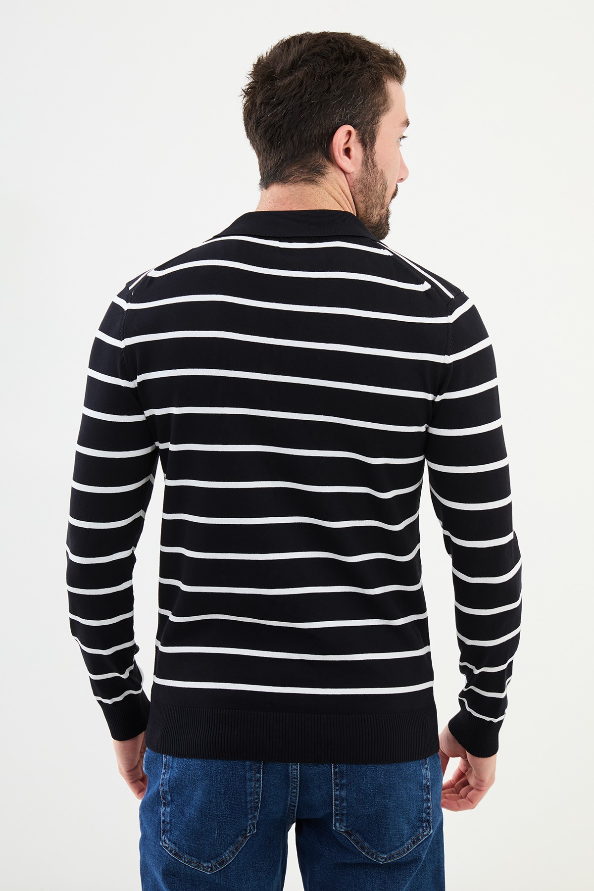 Yatay Çizgili Slim Fit Polo Yaka Erkek Triko Kazak
