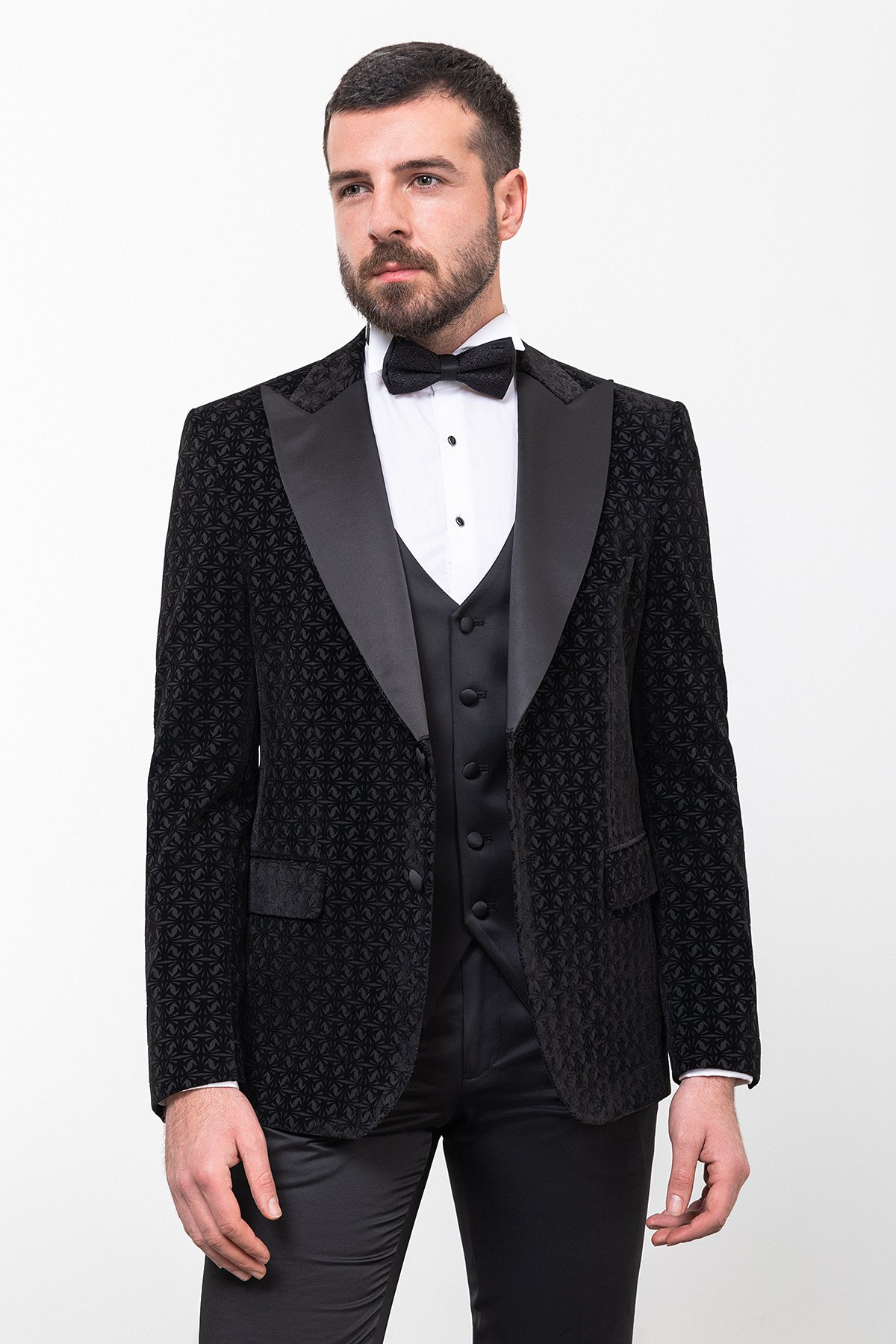 Desenli Slim Fit Geniş Yaka Kadife Erkek Damatlık