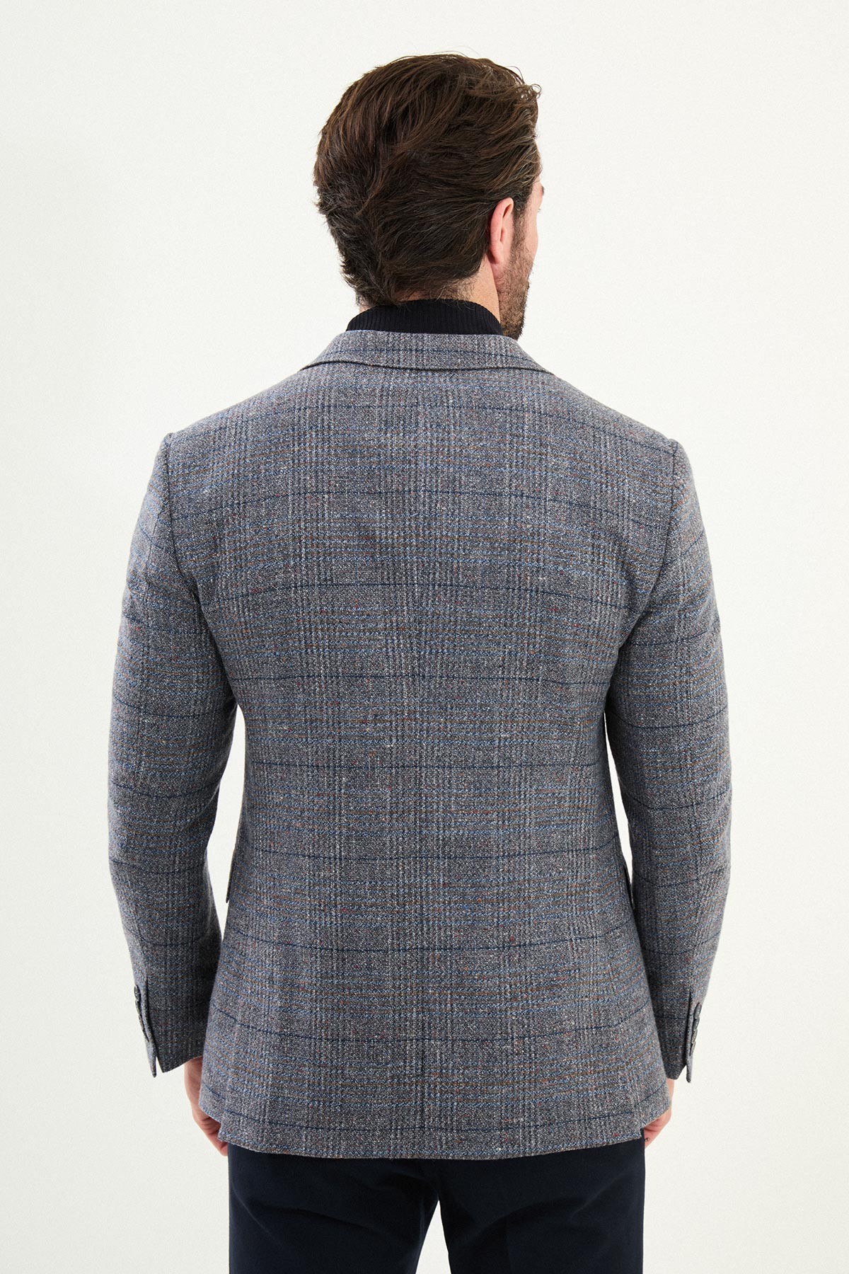 Ekoseli Slim Fit Mono Yaka Yün Erkek Ceket
