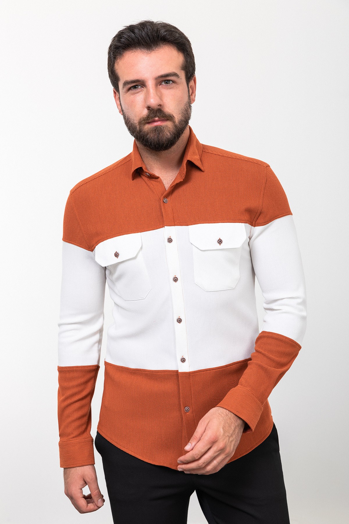 Parçalı Slim Fit Uzun Kollu Pamuk Erkek Gömlek - Kiremit-Ekru