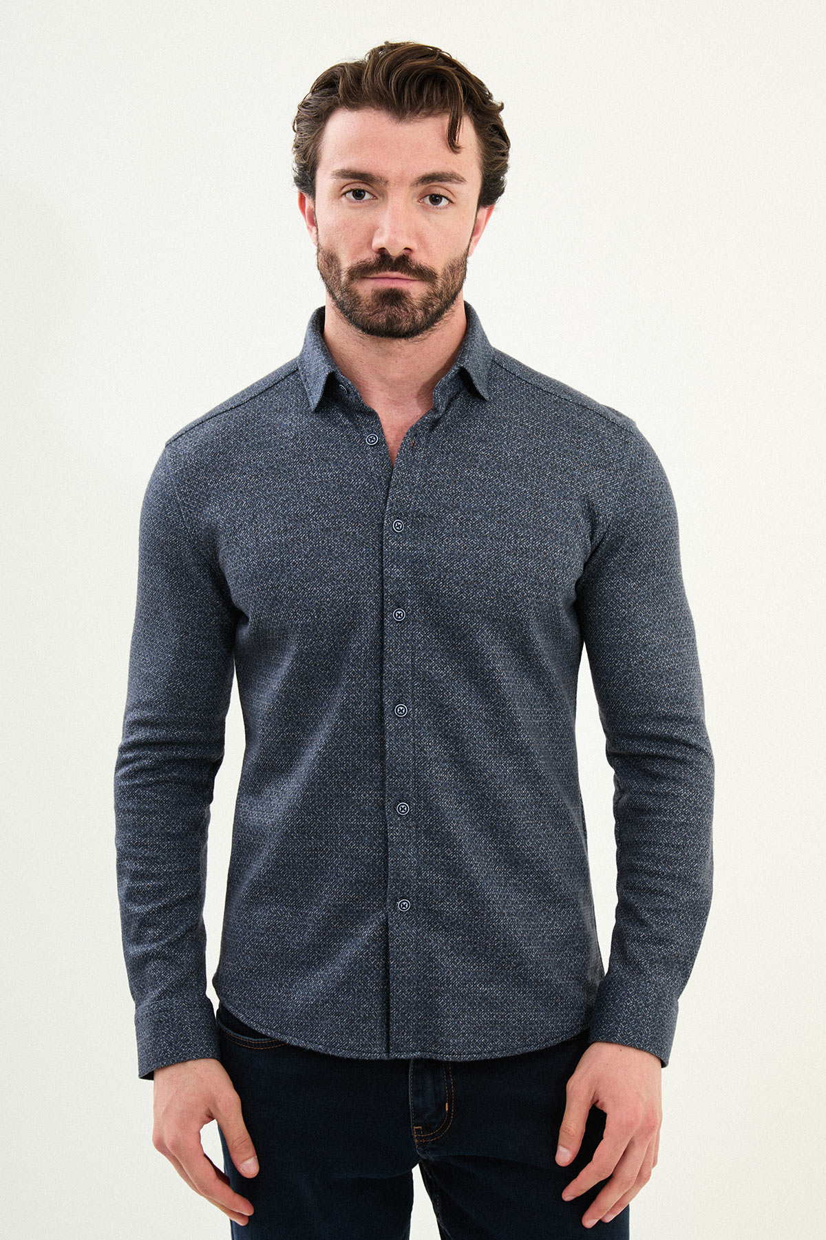 Desenli Slim Fit Uzun Kollu Oduncu Yün Erkek Gömlek - Lacivert
